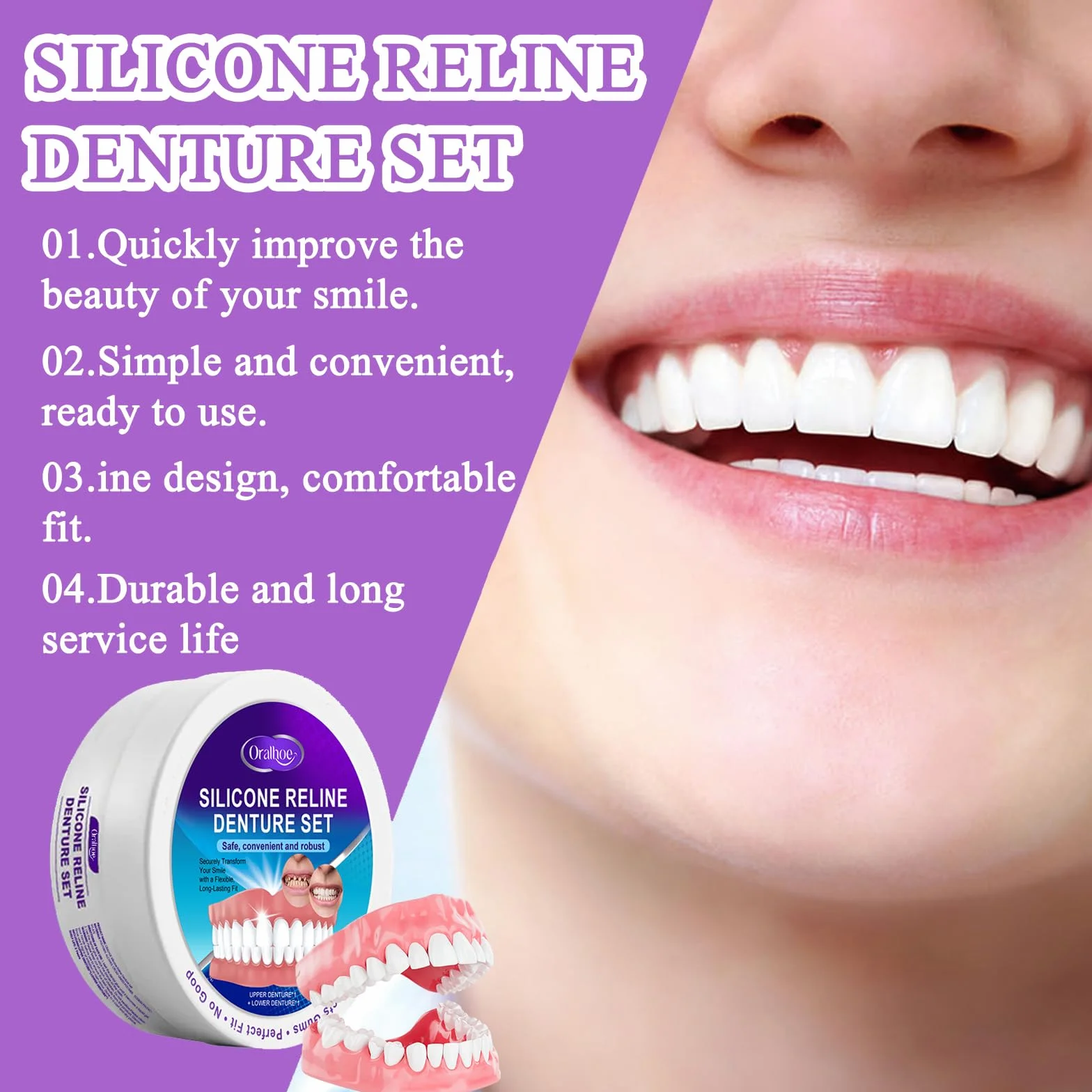 Protezy Silikonowe Bikenda Silicone Reline Denture Set Łagodzą dyskomfort Łatwe w użyciu Precyzyjne dopasowanie Naturalny komfort Odpowiednie dla kobiet i mężczyzn