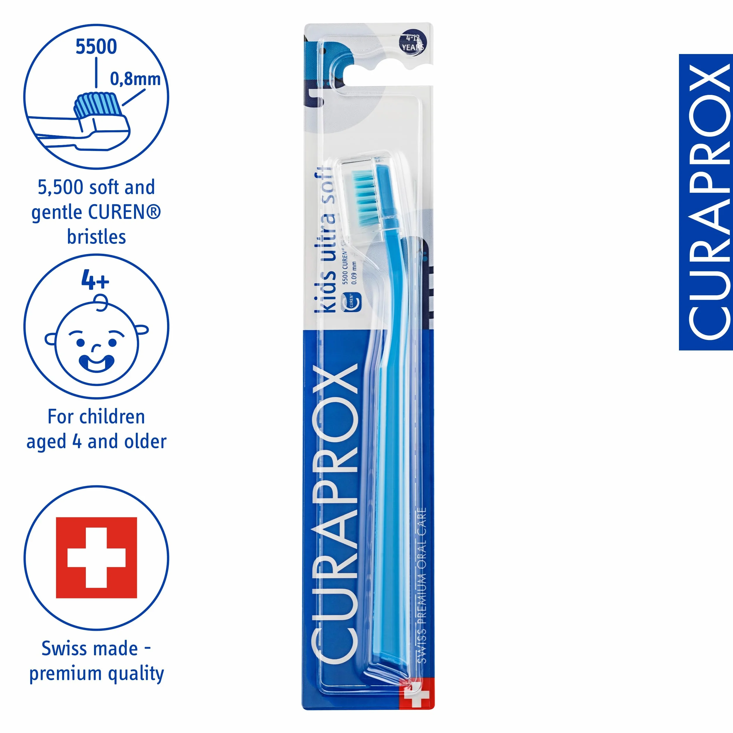 Curaprox CS Kids Toothbrush-dla dzieci w wieku 4-12 lat/Ultra miękkie delikatne czyszczenie / 5500 włókien Curen® / Niebieski/pojedyncze opakowanie/Made in Switzerland