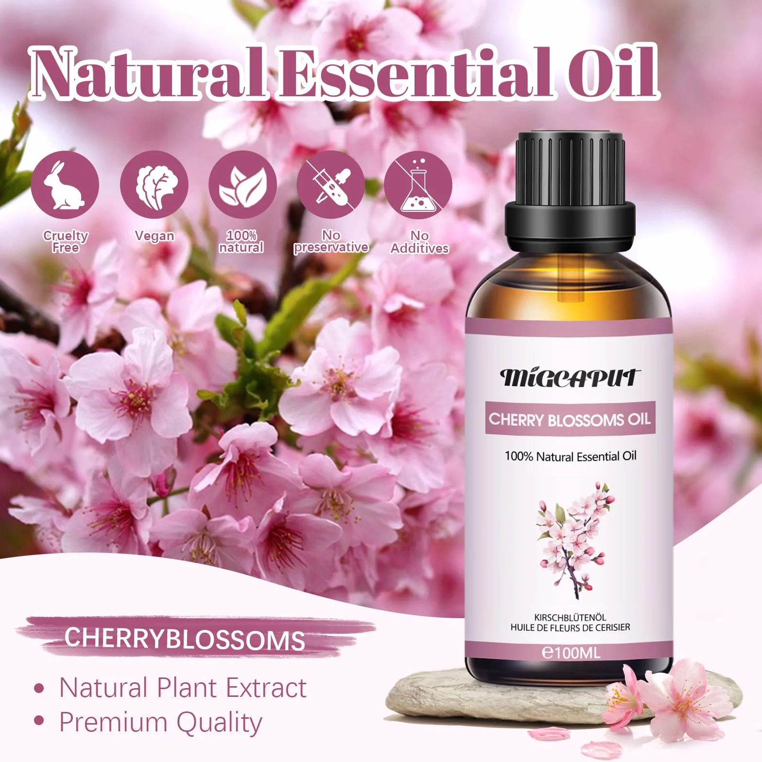 MIGCAPUT Olejek Eteryczny z Kwiatu Wiśni 100ML, Olejki do Aromaterapii Premium, 100% Naturalny Olejki Aromaterapeutyczny do Dyfuzora, SPA, Masażu, Snu, Mydła, Ręcznie Robione Świece