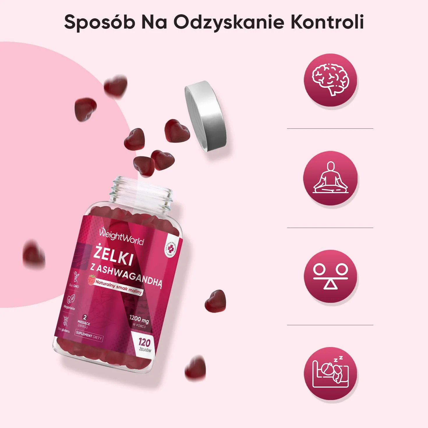 Ashwagandha Żelki 1200 mg – 120 wegańskich żelek o smaku malinowym – pyszne i wygodne – Ajurwedyjski suplement z Withania Somnifera, bez glutenu, bez laktozy, bez GMO, zapas na 2 miesiące