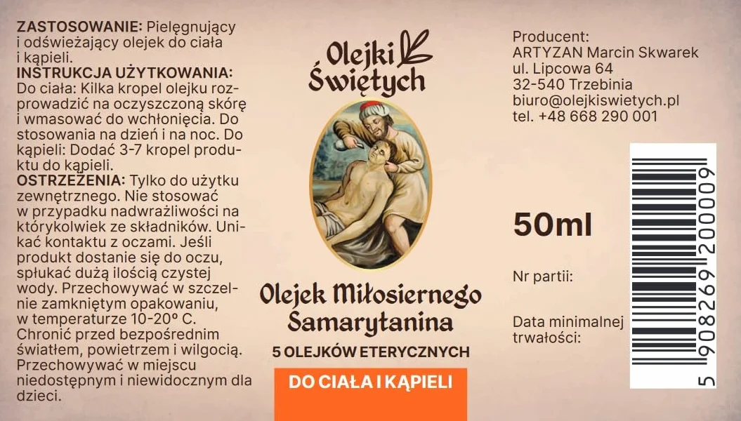Olej Miłosiernego Samarytanina 50 ml | 5 olejków eterycznych (goździk, cytryna, rozmaryn, eukaliptus, cynamon) | formuła "Luz de Maria" | 100% naturalny | aromaterapia, olejek do kąpieli i ciała