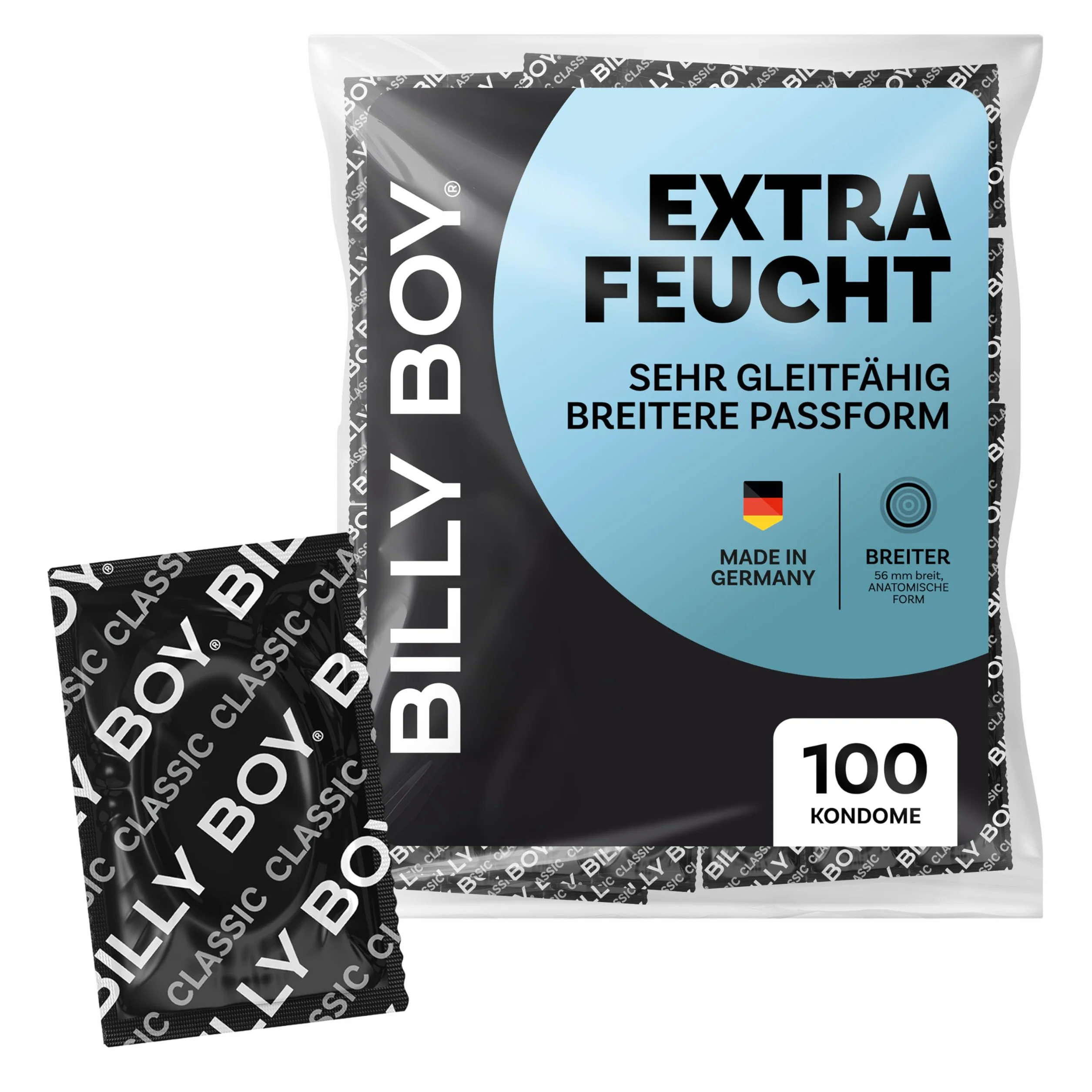 BILLY BOY Prezerwatywy w zestawie ekstra Feucht 100 sztuk | 56 mm | Prezerwatywy XL z dodatkową warstwą lubrykantu i o przyjemnym zapachu | (1 × 100 sztuk)