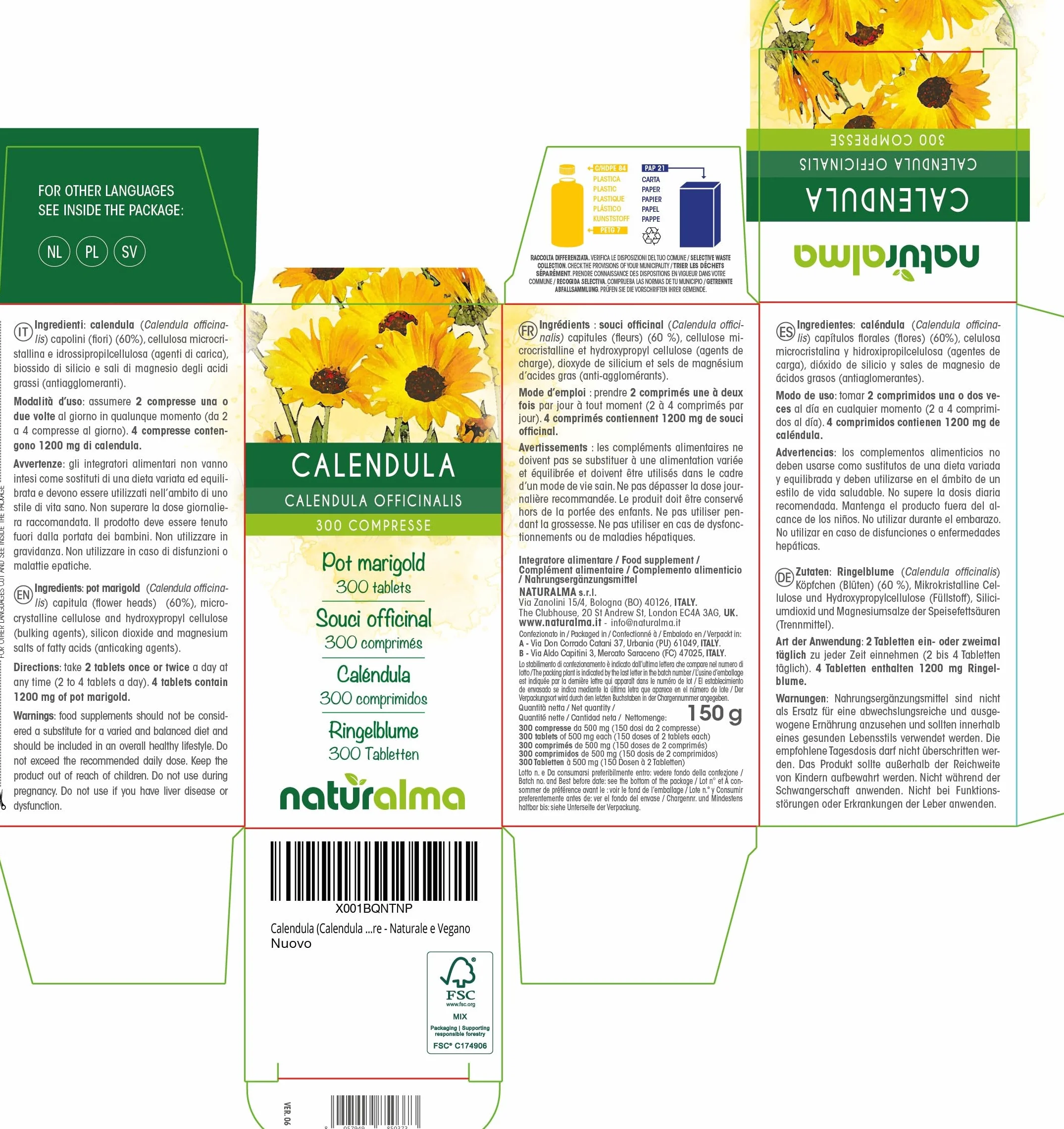 Nagietek lekarski (Calendula officinalis) główki kwiatowe (kwiaty) Naturalma - 150 g - 300 tabletek - Suplement diety - Naturalne i Wegańskie
