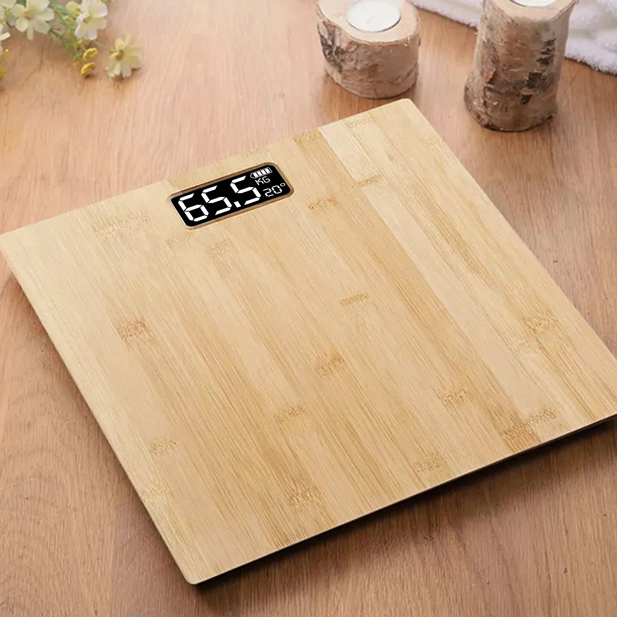 Retoo Cyfrowa Waga Bambusowa z Wyświetlaczem LCD, Cyfrowa Drewniana do 180 kg, Elektroniczna Łazienkowa, Zasilanie Bateryjne, 30 x 30 cm