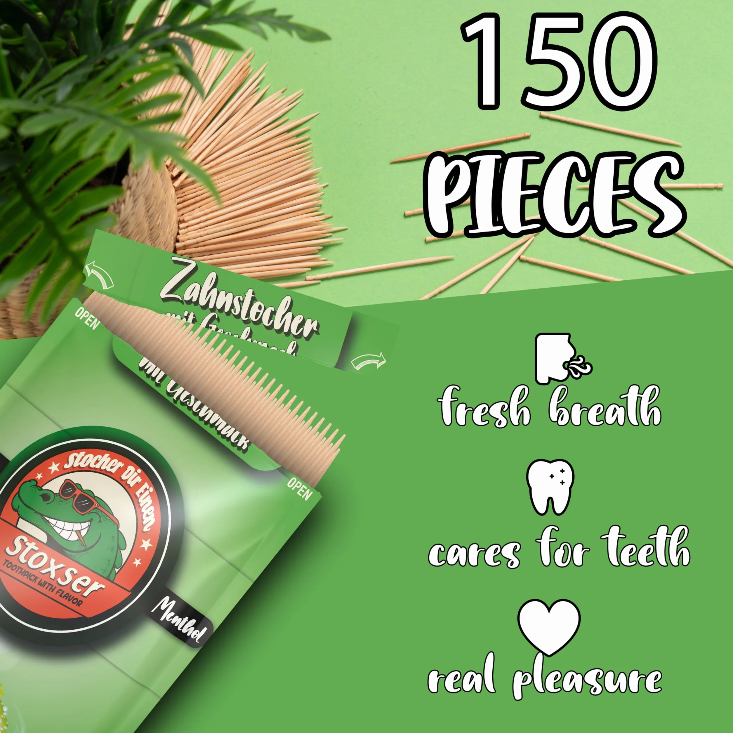 150 x wykałaczka o smaku mięty/mentolu, rewolucja smaku, bez gumy do żucia, wspiera pastę do zębów, usuwanie kamienia nazębnego, nić dentystyczna, bez cukru