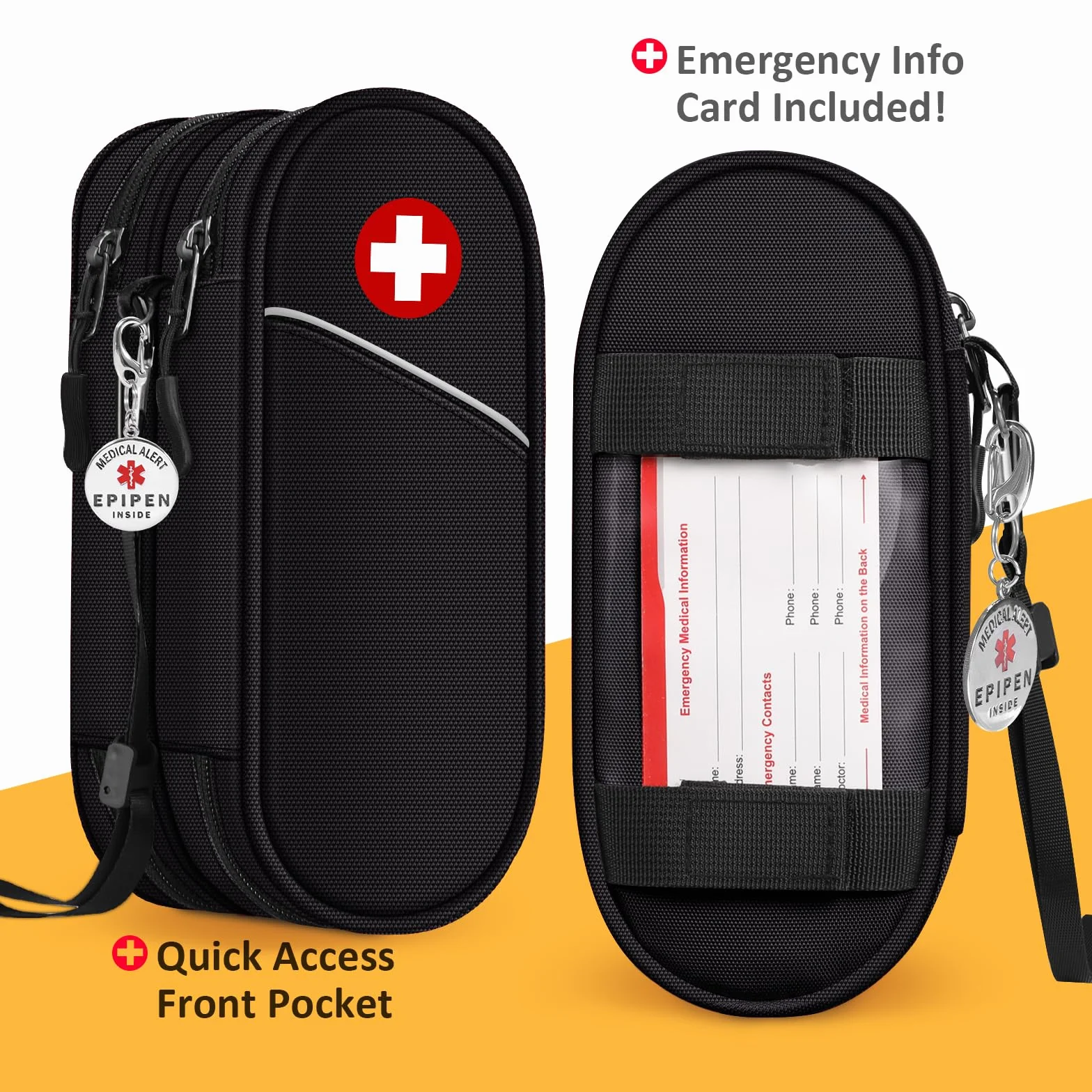 SITHON EpiPen medyczna torba do przenoszenia z breloczkiem do kluczy Epipen Inside, przenośny, dwuwarstwowy organizer na 2 EpiPens, inhalator na astmę, antyhistaminowy, Auvi-Q,, czarny, THJFA42EU