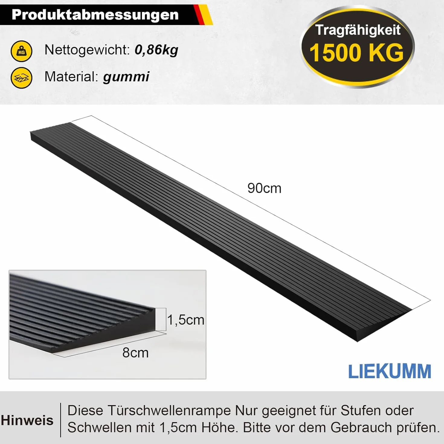 LIEKUMM Gumowa rampa progowa 900 x 15 mm, nośność 650 kg, czarna, nadaje się do drzwi, podjazdów, łazienek, możliwość przycinania