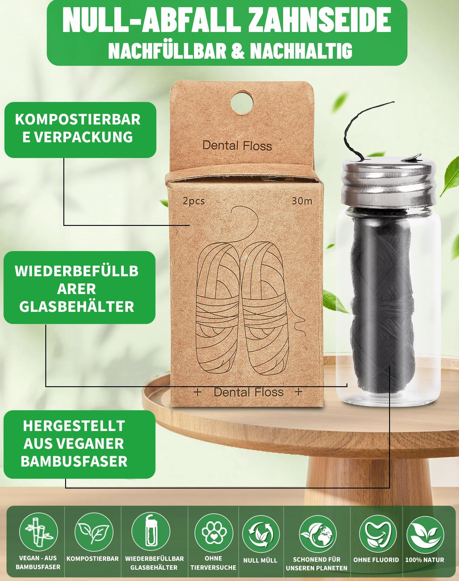 60 m ekologiczna nić dentystyczna, bez plastiku, w szkle, 2 szpule, bio floss, woskowana, z Candelilla, bambusem i węglem aktywnym, bez PFAS, miętowa, ekologiczna, wegańska, 2 x 30 m od LAOYE