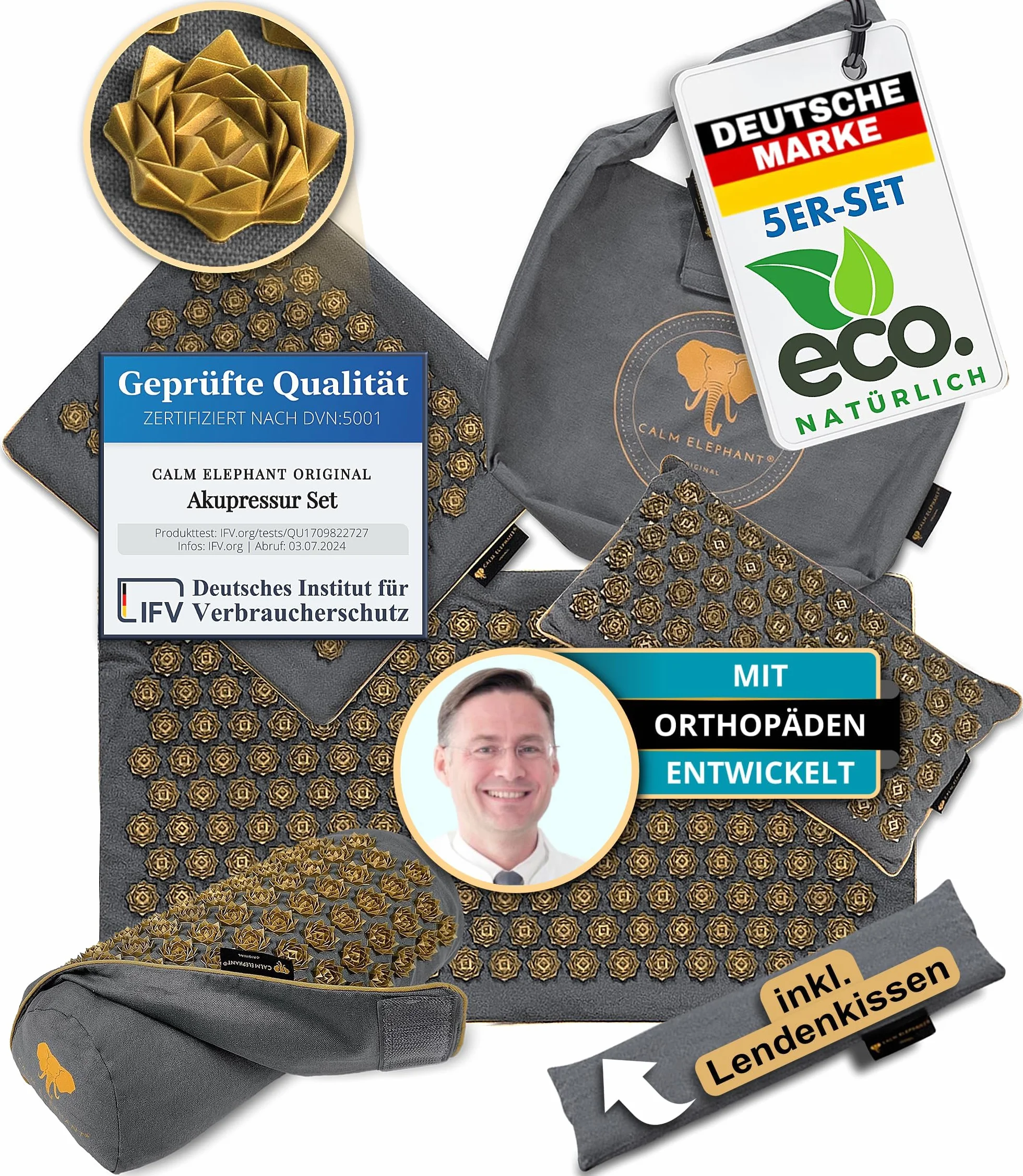 CALM ELEPHANT ORIGINAL® Mata Do Akupresury Z Poduszką XXL Zestaw 5-Częściowy Mata Masująca Poduszka Z Funkcją Ciepła Szara