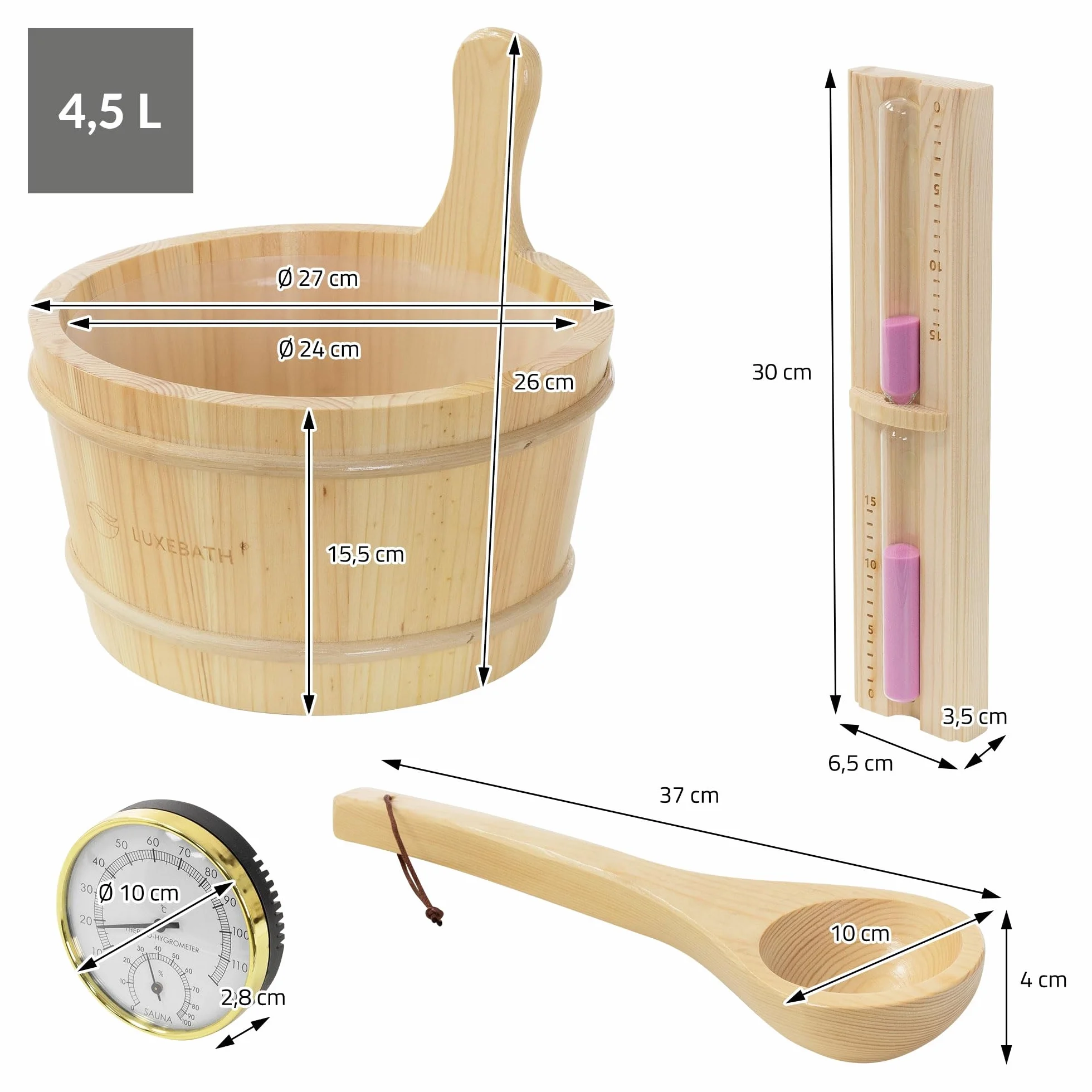 LuxeBath zestaw akcesoriów do sauny z litego drewna sosnowego 4 elementy wiadro do polewania 4,5 l z wkladem chochla termometr higrometr klepsydra 15 minut trwale wyposazenie do domowej sauny