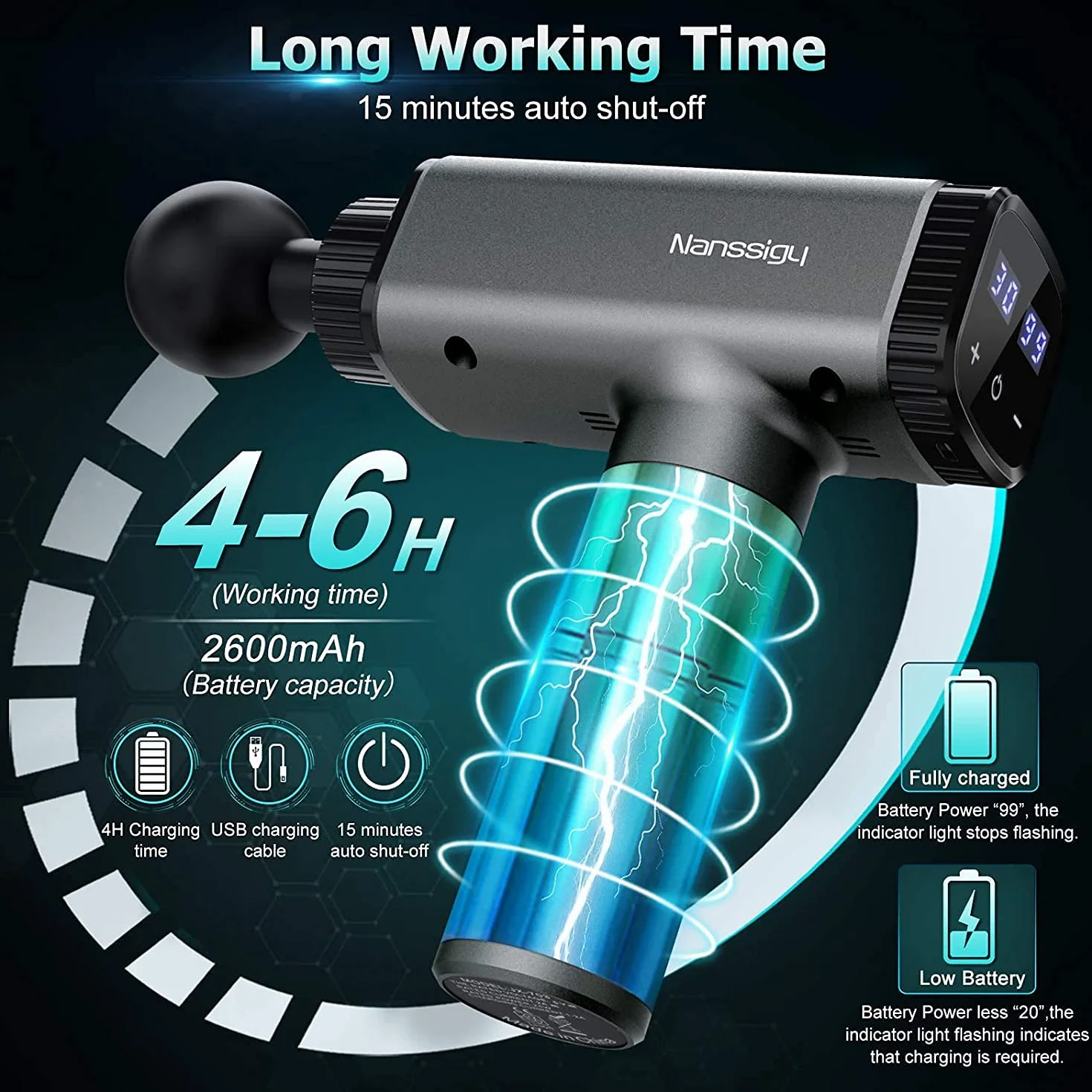 Pistolet do masażu Massage Gun z regulacją 30 kierunków, LED, 6 głowic, bateria 2600 mAh