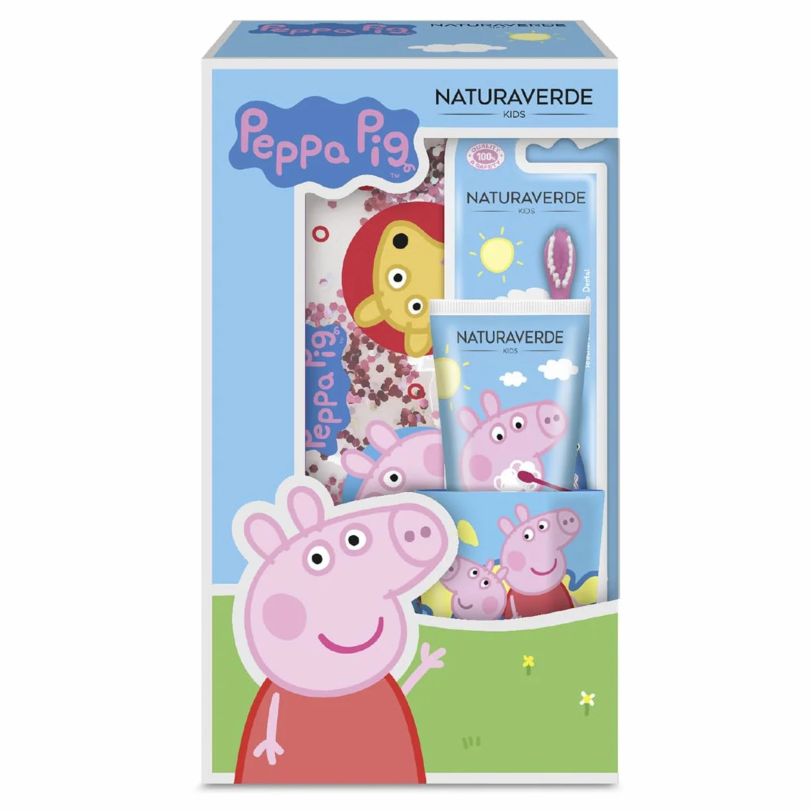 Naturaverde Peppa Pig Gift Set Oral Care ręczna szczoteczka do zębów pasta do zębów dla dzieci truskawka 75ml szklanka kopertówka brokatowa