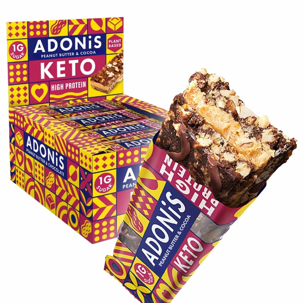 Adonis Keto Protein Bars Peanut Butter & Chocolate Low Carb High Protein Vegan Gluten Free Paleo Box 16
