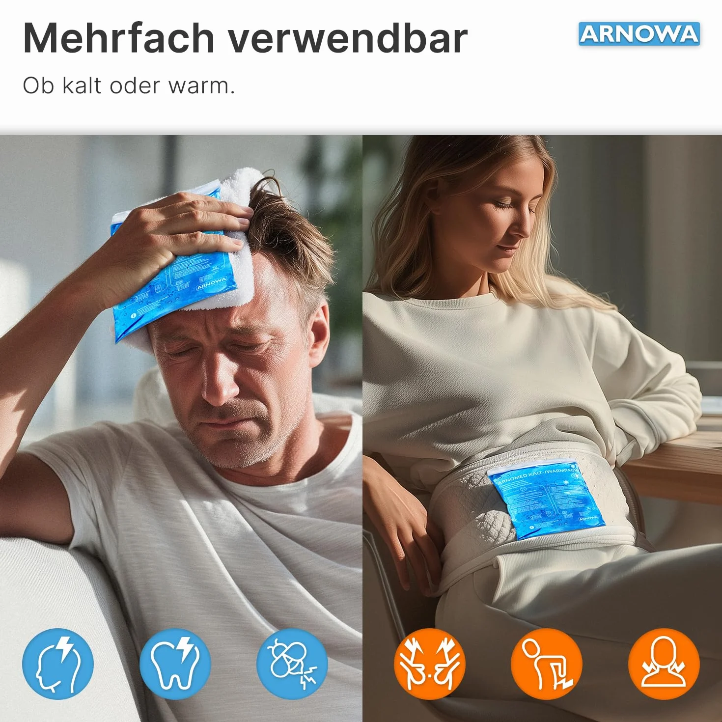 Okłady chłodzące z żelem ARNOMED® wielokrotnego użytku 2x M, L & XL, kompres chłodzący/rozgrzewający do mikrofalówki