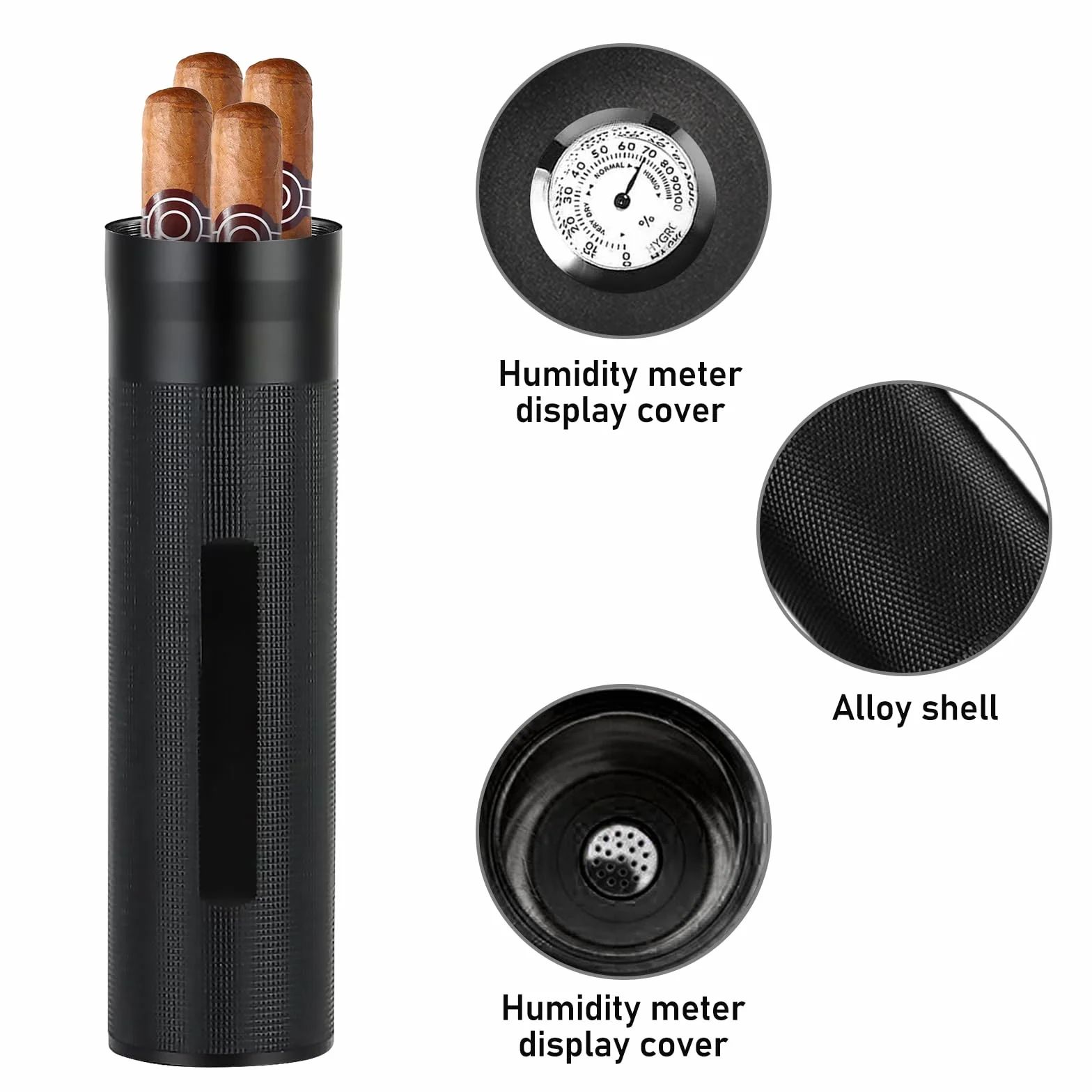 Przenośny humidor do cygar, etui na cygara z higrometrem, podróżne, na cygara, na 3 do 4 cygar, humidor ze stali nierdzewnej, prezent dla miłośników cygar (czarny)