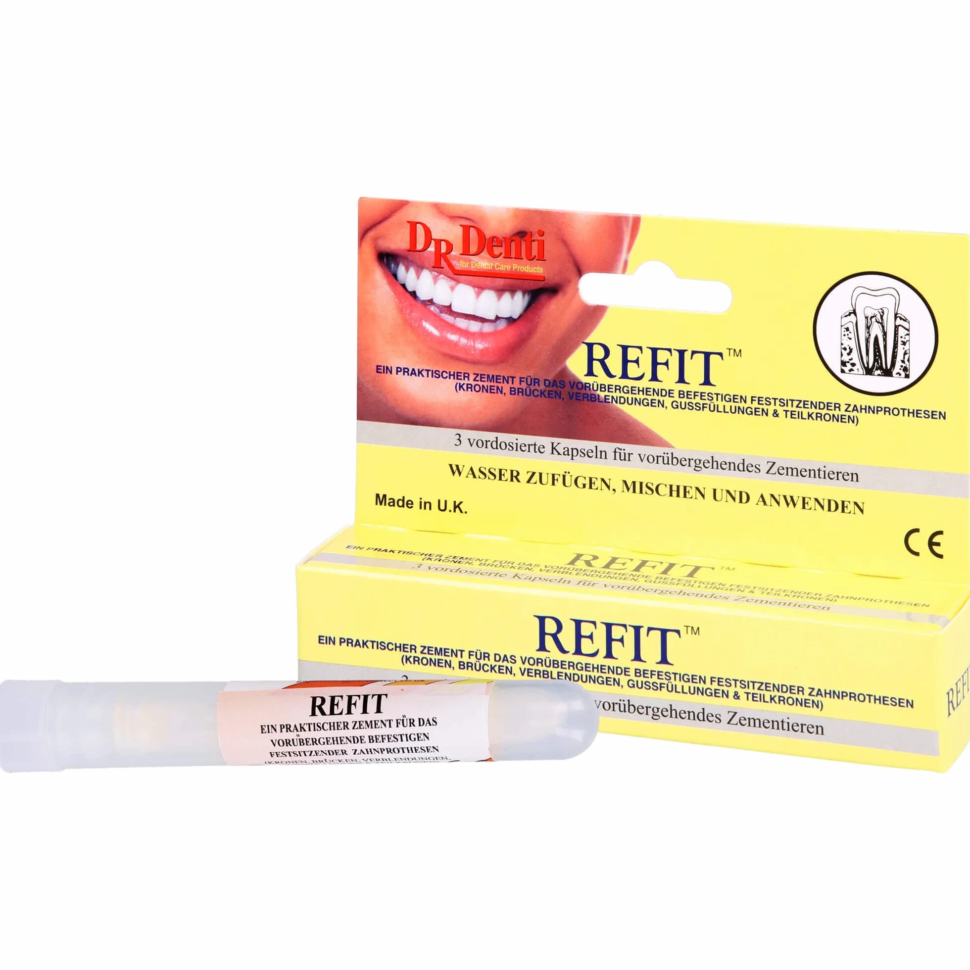 Refit tymczasowe kapsułki z klejem dentystycznym, 1 opakowanie 3 kapsułek
