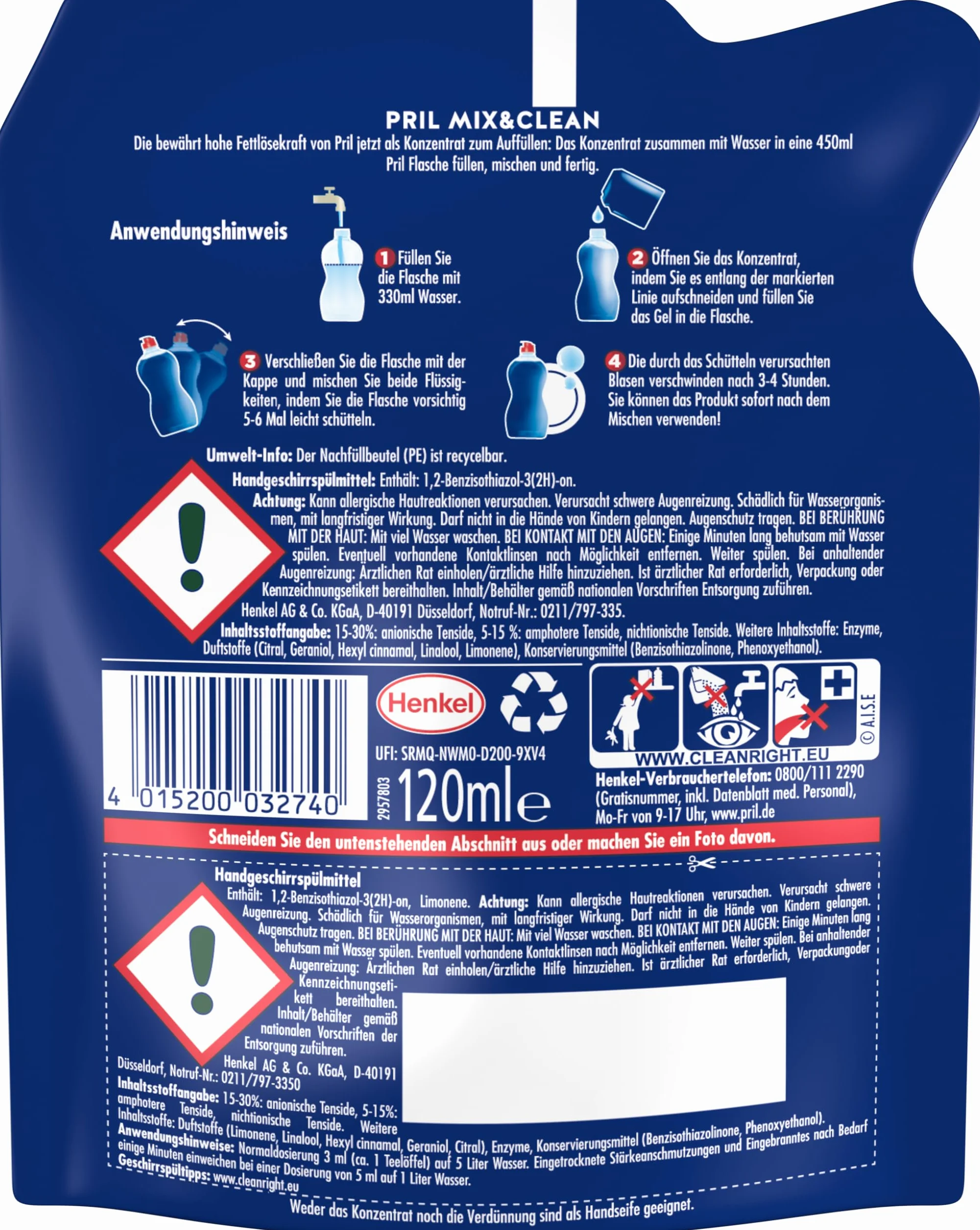 Pril Mix & Clean koncentrat do napełniania (120 ml), płyn do ręcznego mycia naczyń o najwyższej mocy rozpuszczania tłuszczu, do czystych naczyń również w zimnej wodzie, 82% mniej plastiku