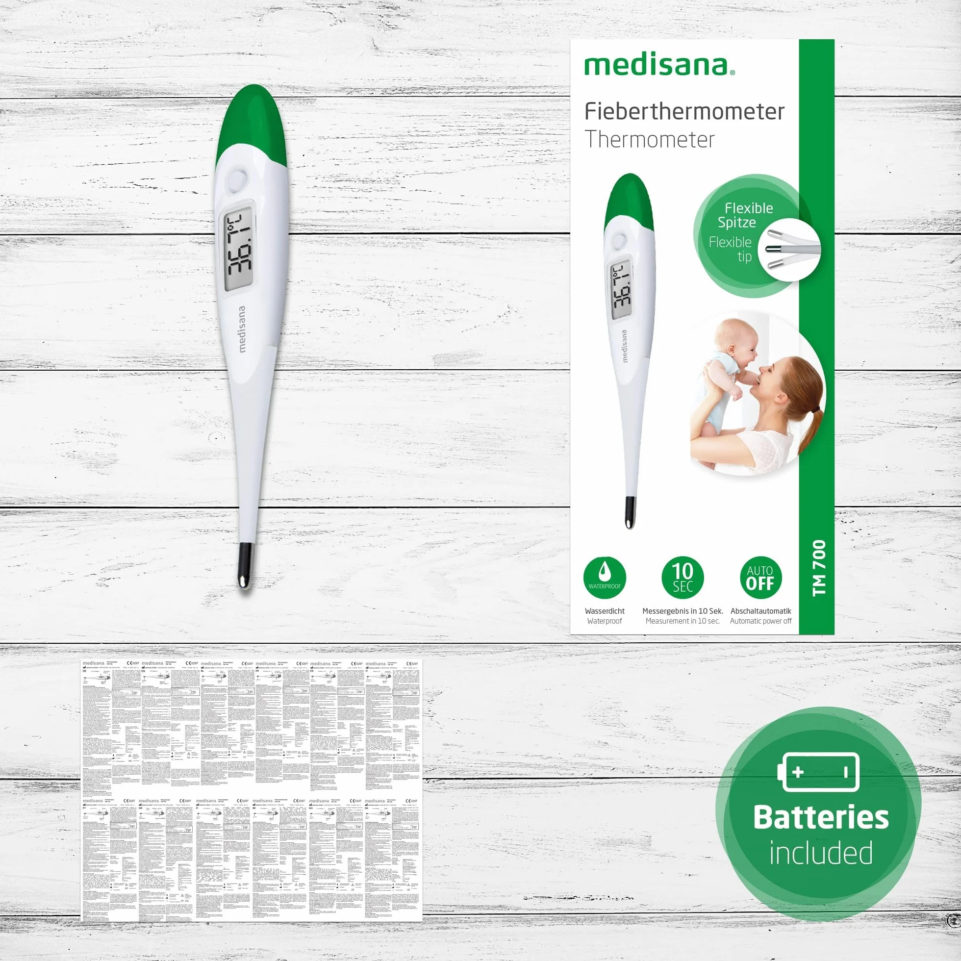 medisana TM 700 cyfrowy termometr kliniczny dla niemowląt, dzieci i dorosłych, doustny, pachowy lub doodbytniczy, wodoodporny z alarmem gorączki