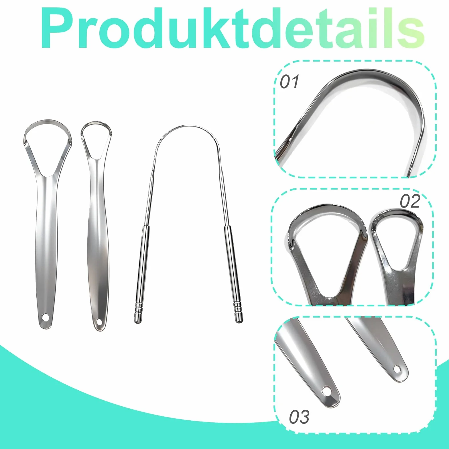 3 Sztuk Skrobak do Języka Ze Stali Nierdzewnej - U‑Kształtny Czyścik do Języka + Mały Skrobaczka do Języka + Duży Tongue Scraper z Dużym Metalowym Etui, Usuwanie Nalotu, Redukcja Nieświeżego Oddechu