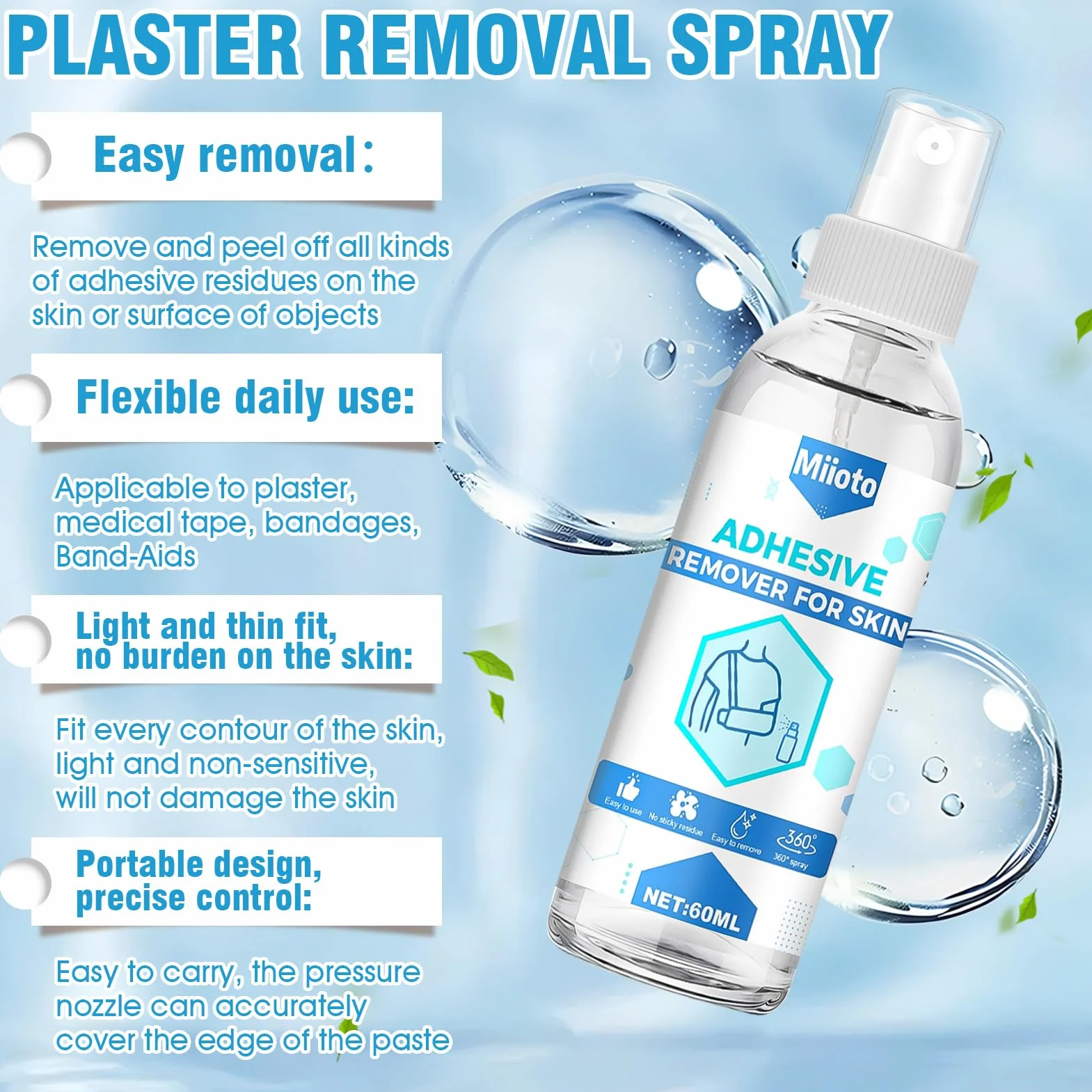 Miioto Plaster ze sprayem do usuwania plastrów medycznych, plastry do usuwania plastrów 60 ml + 12 x 12 cm, ręcznik, spray do usuwania plastrów szybko rozpuszcza się, można go łatwo usunąć