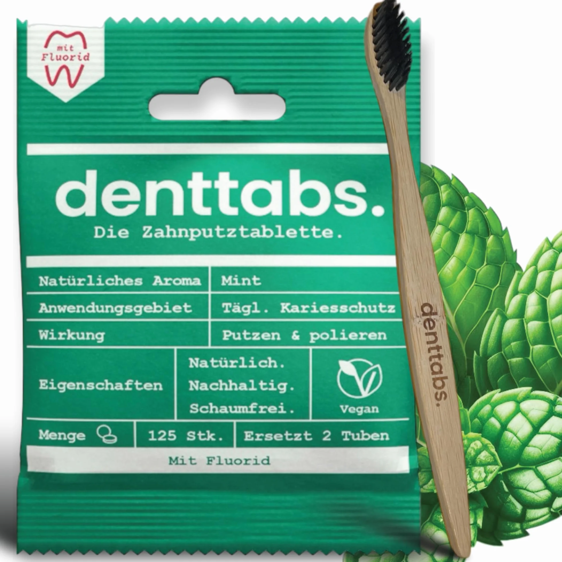 Denttabs tabletki do czyszczenia zębów miętowe z fluorkiem 125 szt. + bambusowa szczoteczka ultramiękka