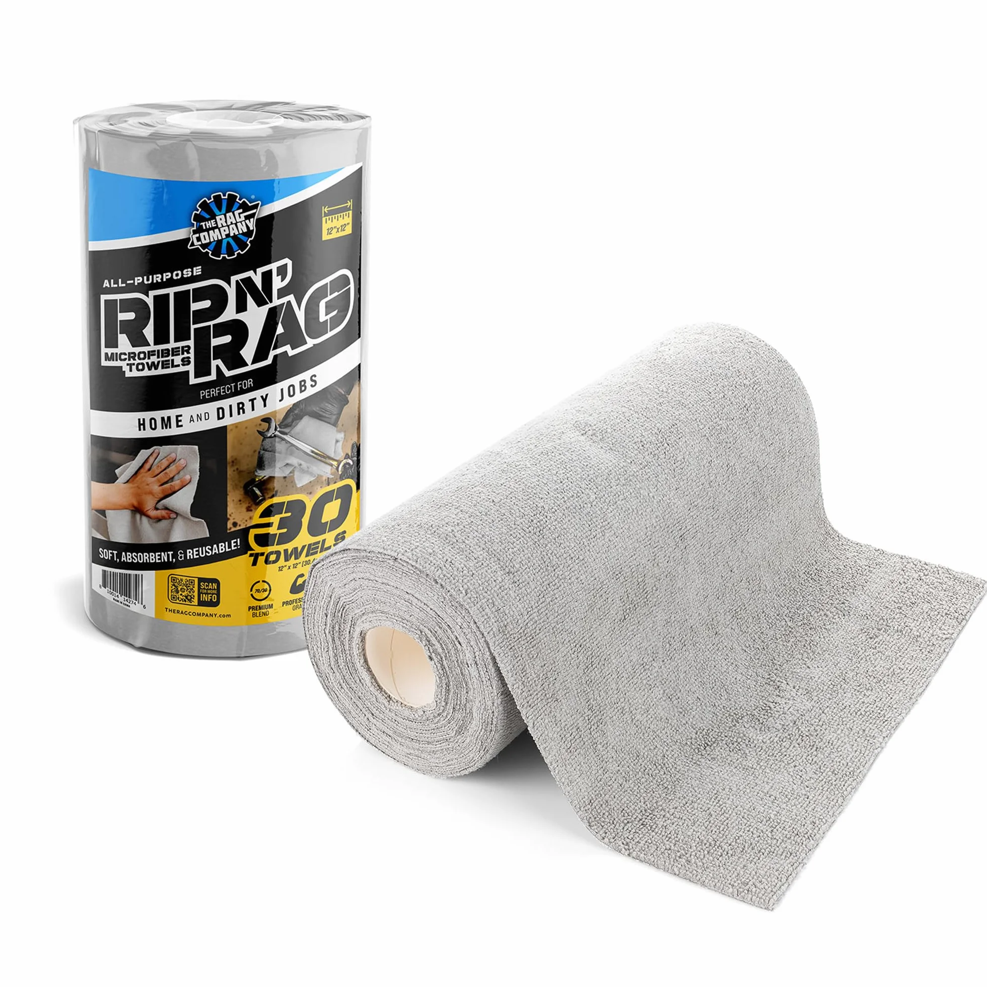 The Rag Company Wielofunkcyjne ręczniki z mikrofibry wielokrotnego użytku Rip N' Rag do domu, biura, garażu, kampera i innych - rolka 30 sztuk - mieszanka premium 70/30-200 g/m²
