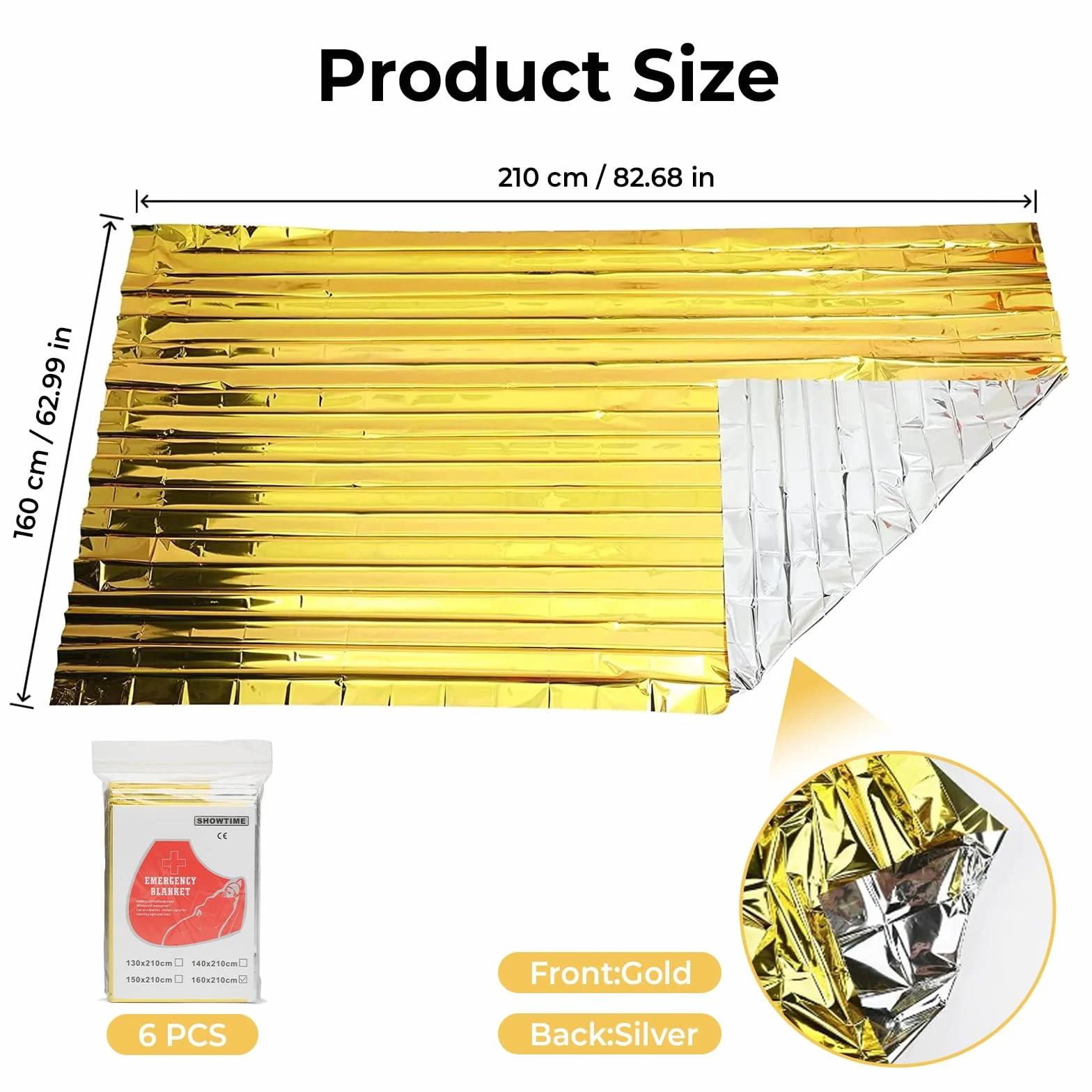 6 Sztuk Koc Ratunkowy, 160 x 210cm Srebrny Złoty Koc Ratunkowy dla Outdoor, Wędrówki, Przetrwanie, Zimno, Ochrona przed Żarem, Wodoodporny, Wielokrotnego Użytku Koc Awaryjny