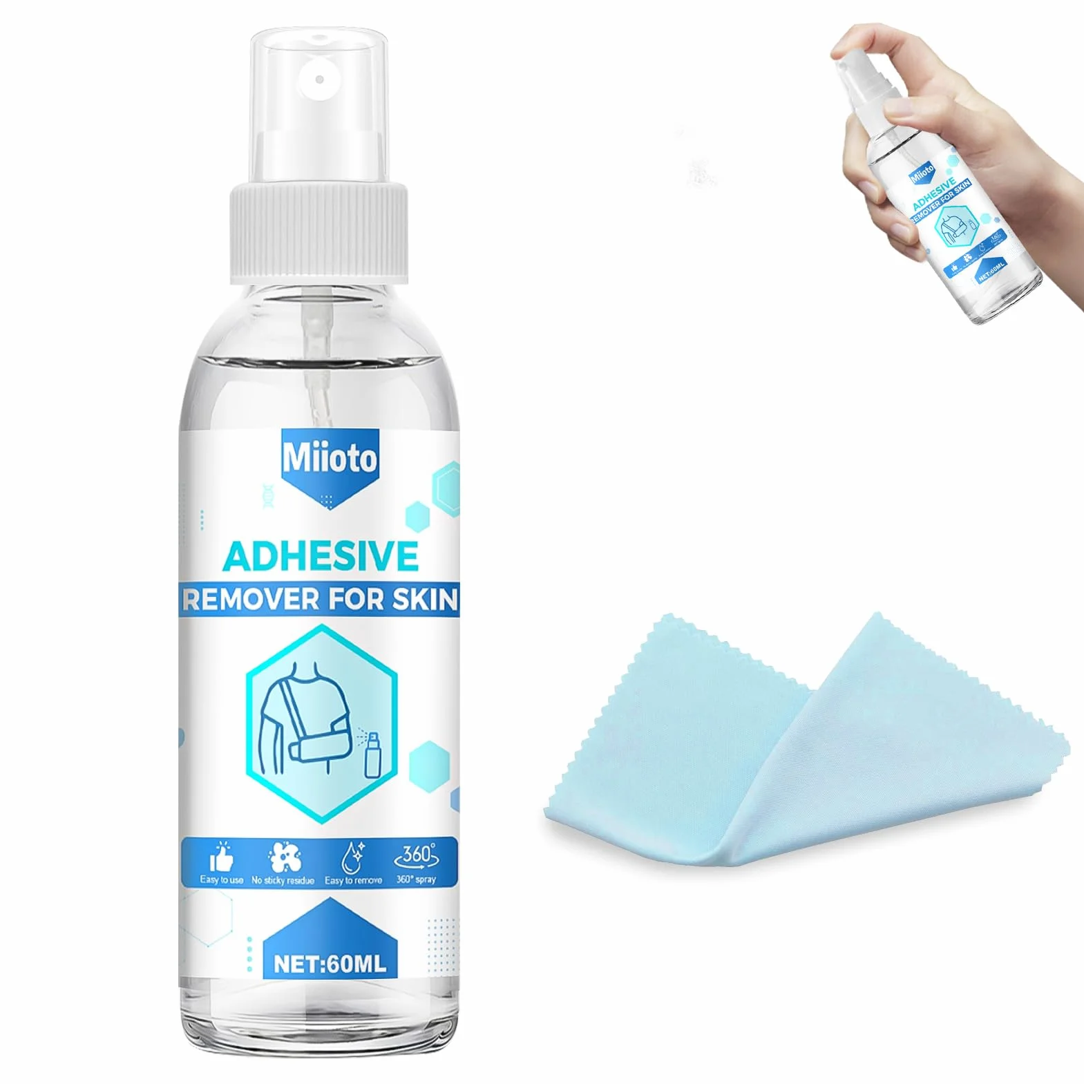 Miioto Plaster ze sprayem do usuwania plastrów medycznych, plastry do usuwania plastrów 60 ml + 12 x 12 cm, ręcznik, spray do usuwania plastrów szybko rozpuszcza się, można go łatwo usunąć
