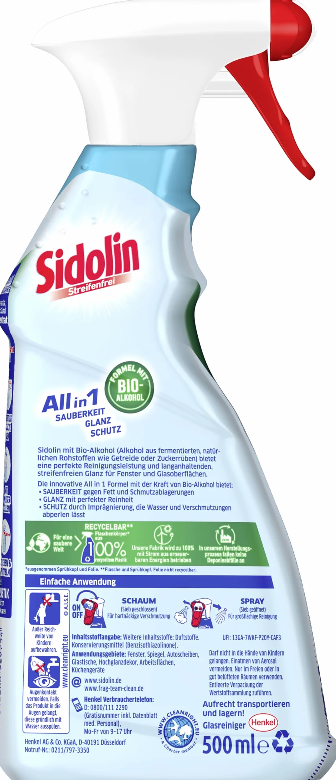 Sidolin Cristal płyn do czyszczenia szkła 500 ml butelka z rozpylaczem