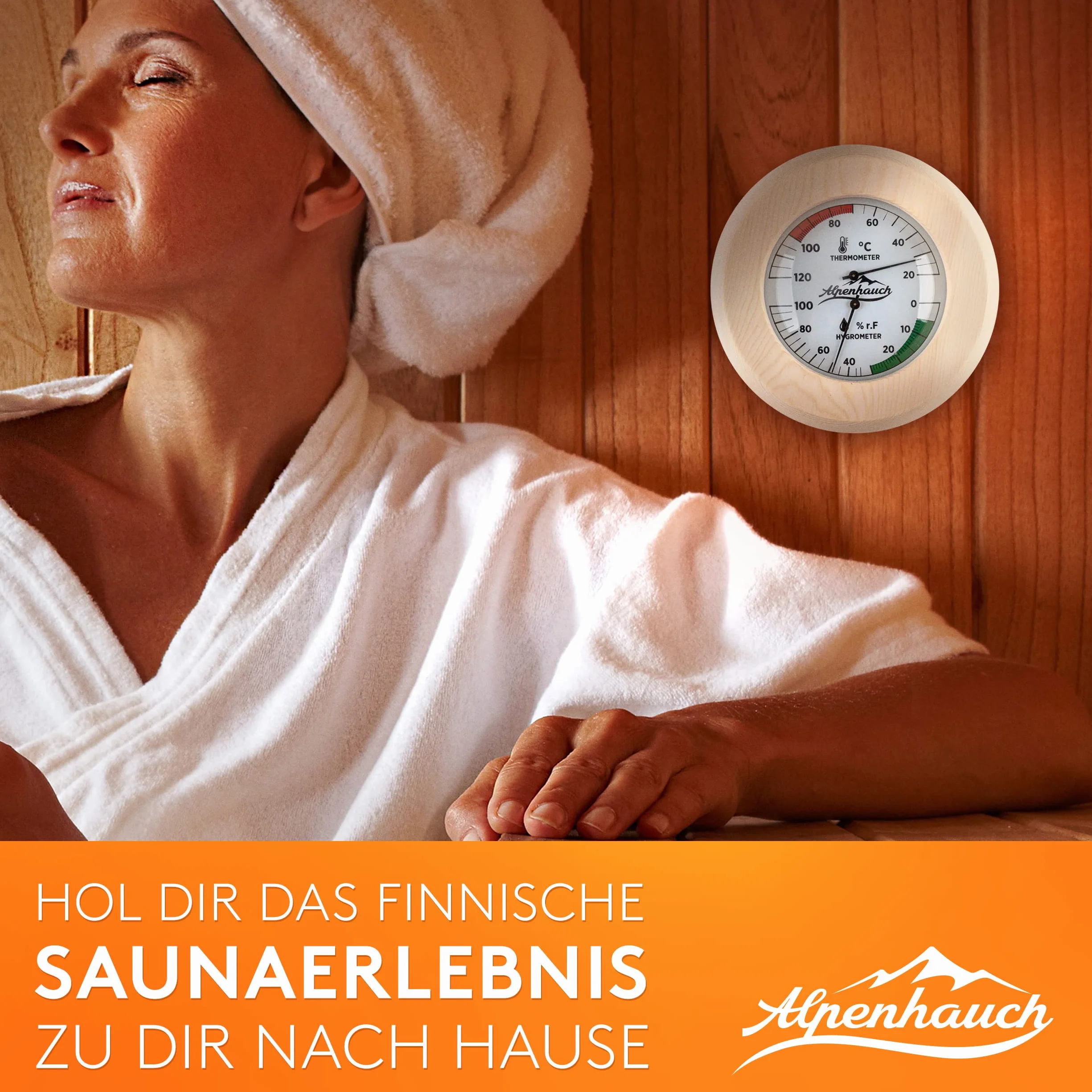 ALPENHAUCH Termometr do sauny, higrometr z drewna, funkcja 2 w 1, wyjątkowo precyzyjny termometr do sauny z hartowanego szkła, automatyczna kalibracja, eleganckie akcesoria do sauny, higrometr,