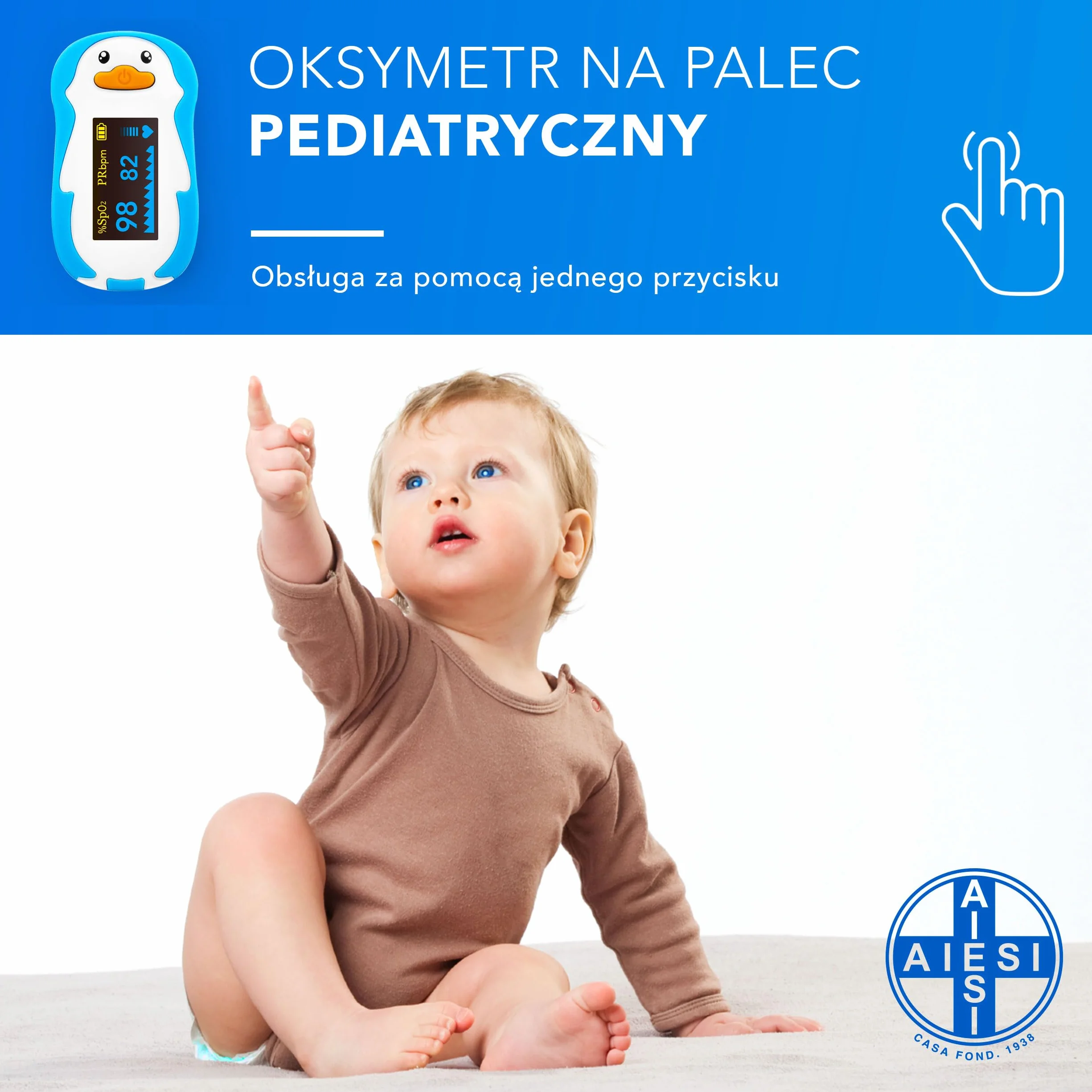 AIESI® Profesjonalny pulsoksymetr dla dzieci z regulowanym kolorowym ekranem, baterie, wielojęzyczna instrukcja obsługi, 24 miesiące