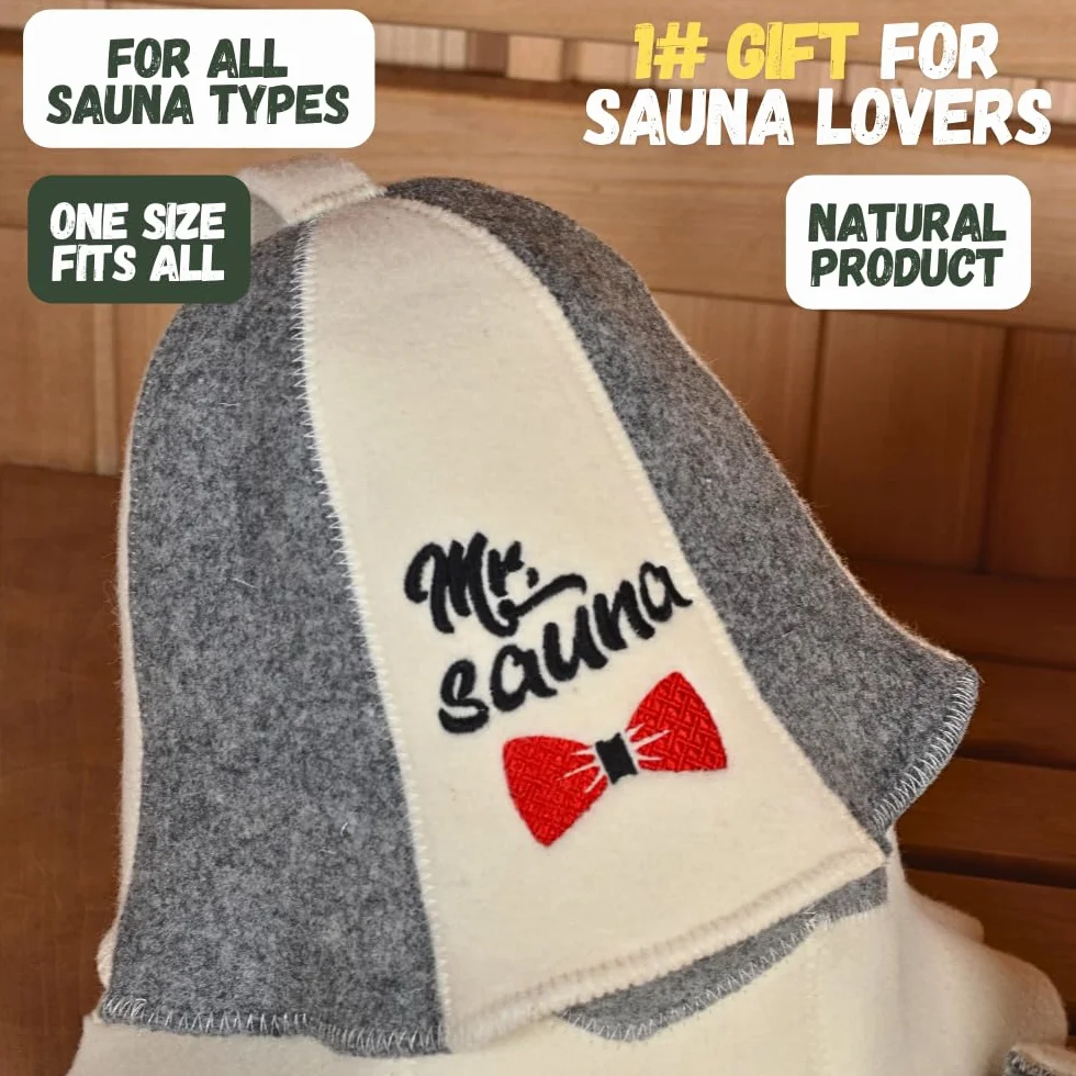Sauna Guru Kapelusz do sauny "Mr Sauna" biały - 100% wełna organiczna filcowe kapelusze dla rosyjskiej banyi - chroń swoją głowę przed ciepłem - angielska sauna eBook Guide w zestawie - z