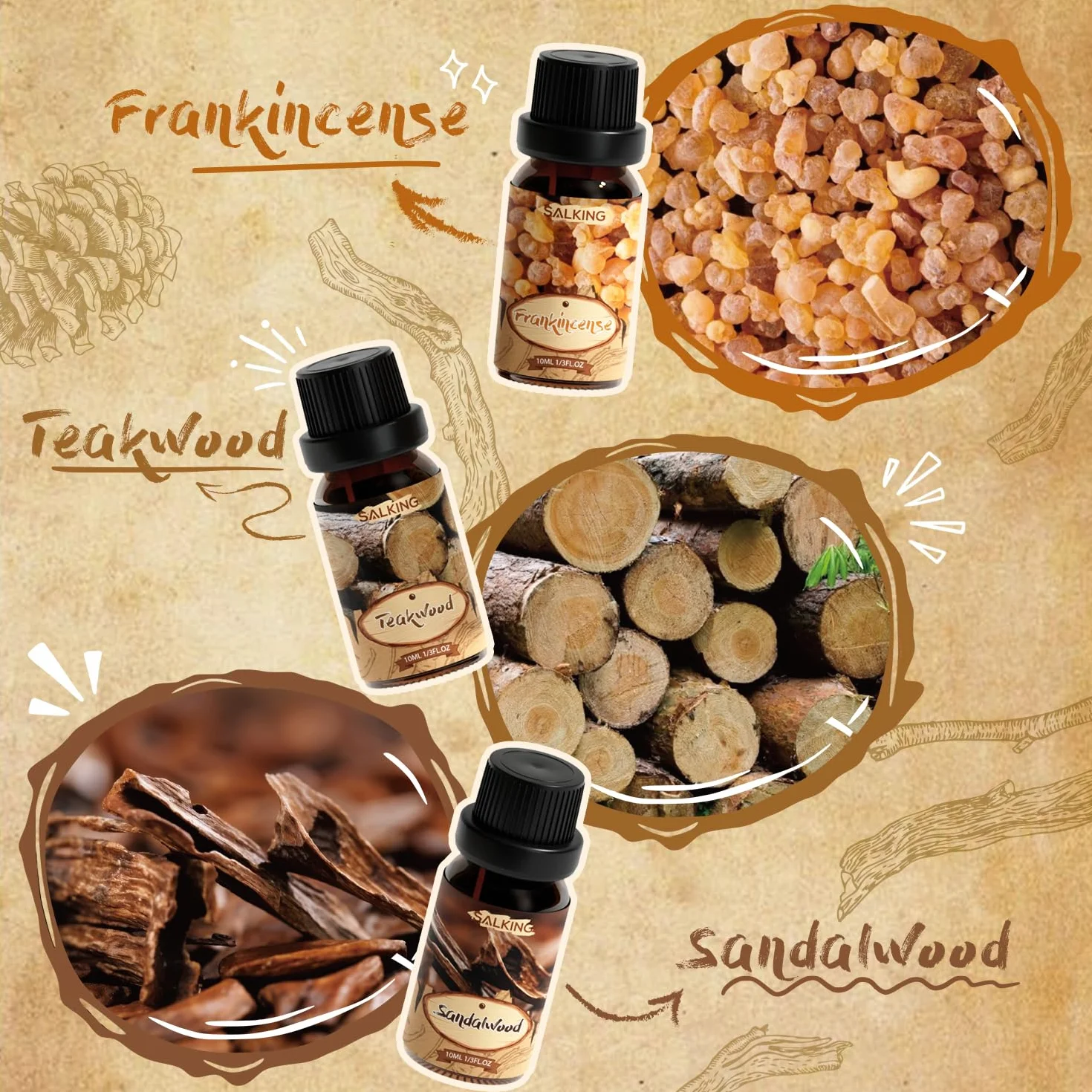 SALKING Drewniany zestaw olejków eterycznych, aromaterapii, zestaw prezentowy, naturalne olejki zapachowe do mydła dyfuzora, świec, frankincense, cedrowego, drzewa sandałowego, drewna tekowego