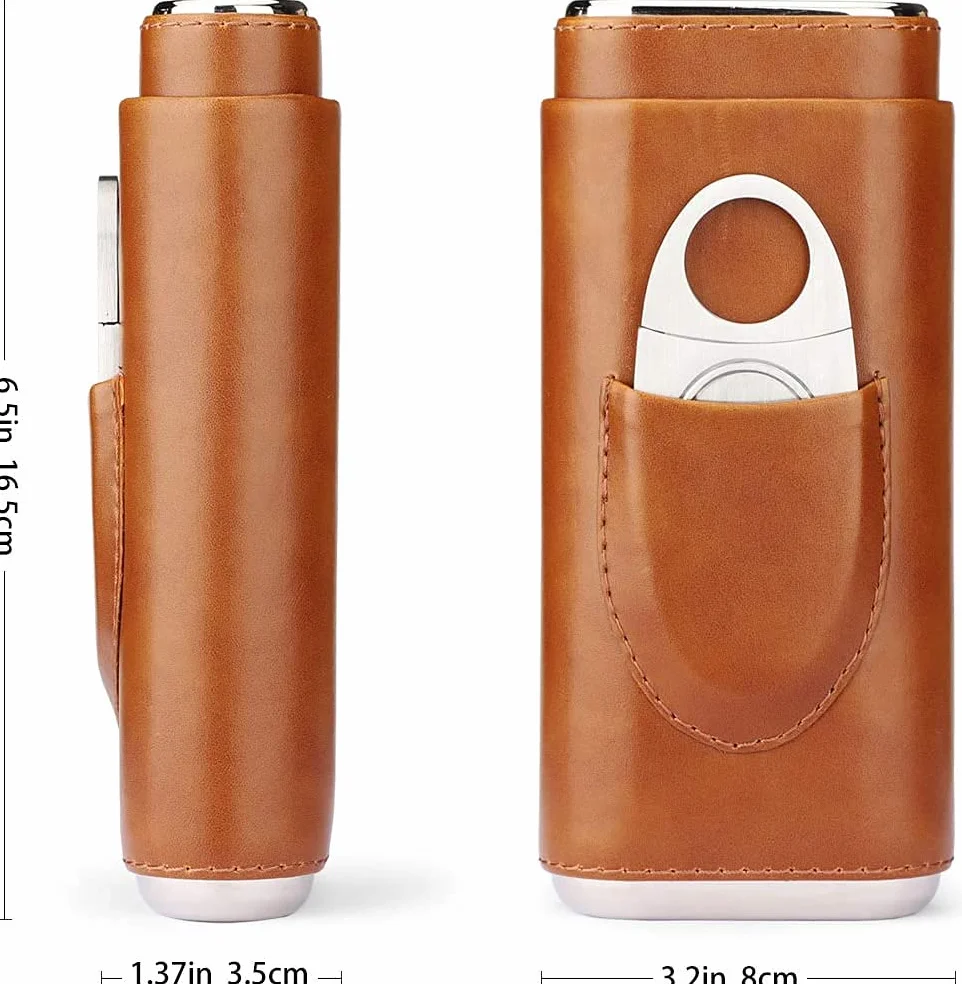 Time C club 3 Pack 3 -Count Brązowe skórzane etui na cygara z cygarową podszewką z drewna cedrowego Składany stojak na cygara ze stali nierdzewnej Srebrny nóż do cygar ze stali nierdzewnej