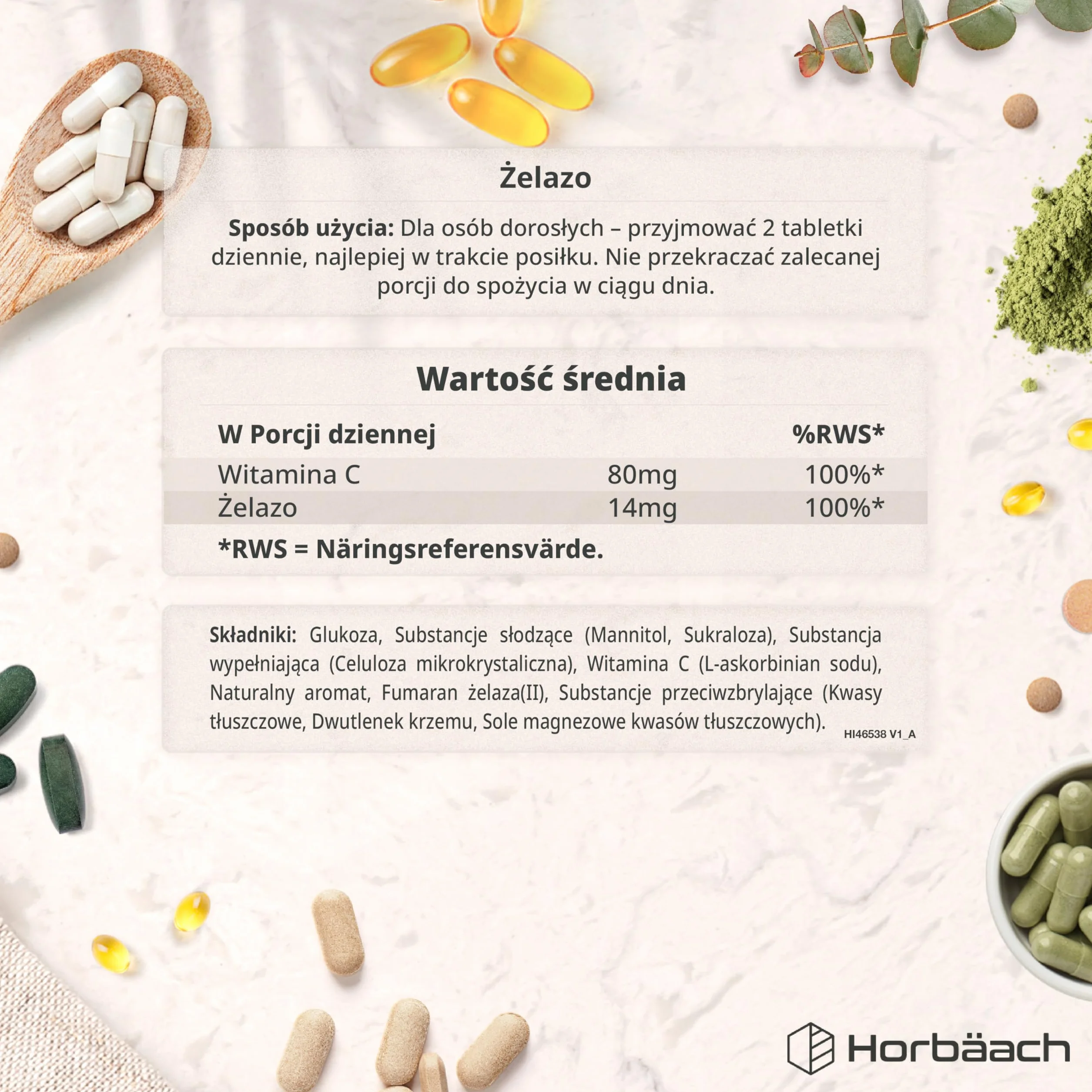 Horbaach Żelazo Tabletki 14 mg z Witaminą C 80 mg 180 Tabletek Do Rozgryzania i Żucia Suplement Dla Kobiet i Mężczyzn