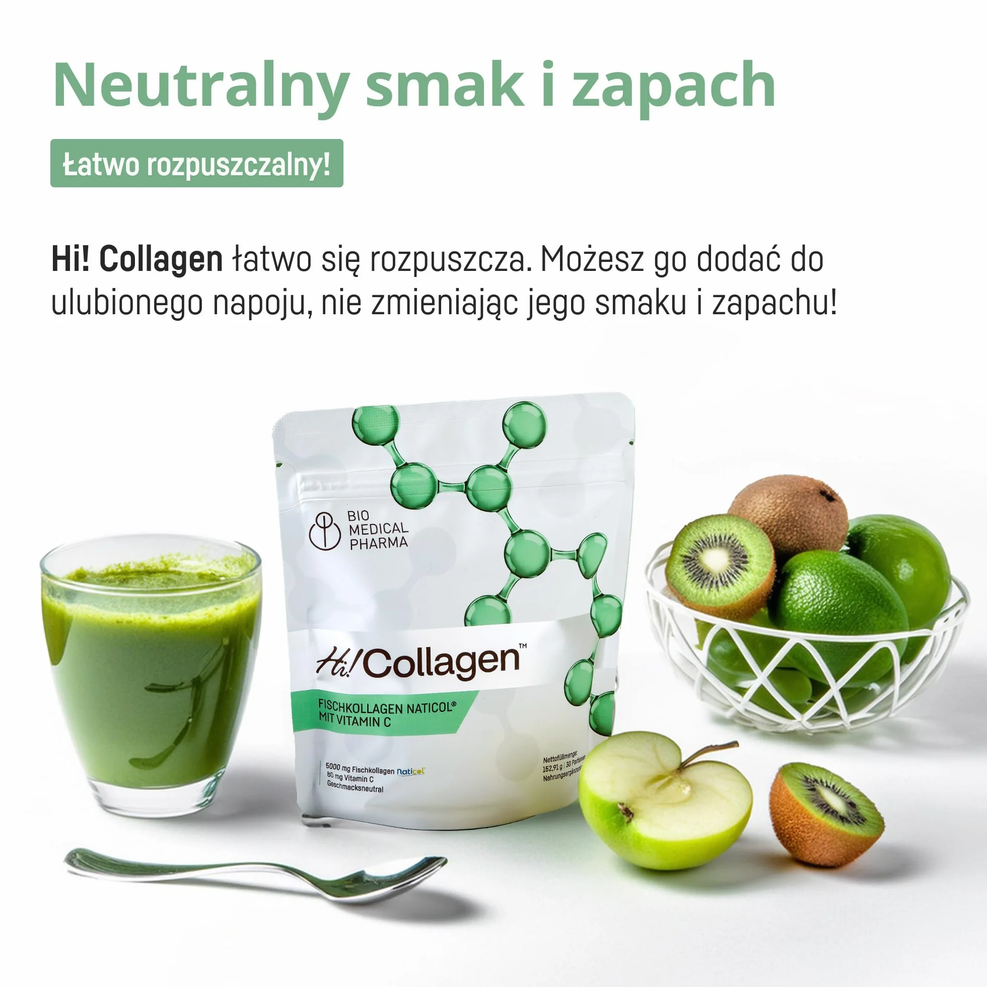 Kolagen morski hydrolizowany w proszku z witaminą C – Naticol 5000 mg, peptydy 2000 Dalton – Typ I i III – Czysty, bez smaku – Hi Collagen (30 porcji, 1 miesiąc)