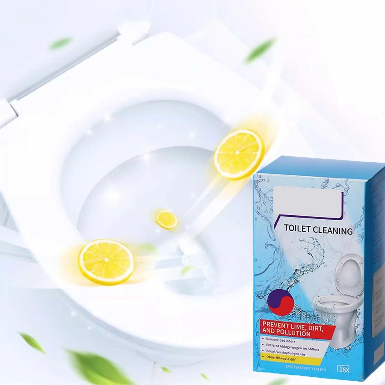 Tabletki do czyszczenia toalety o zapachu cytrynowym, tabletki do czyszczenia WC, 16 tabletek w opakowaniu, skutecznie usuwają kamień i zapachy o długotrwałym zapachu, świeży zapach (A, 1 szt.)