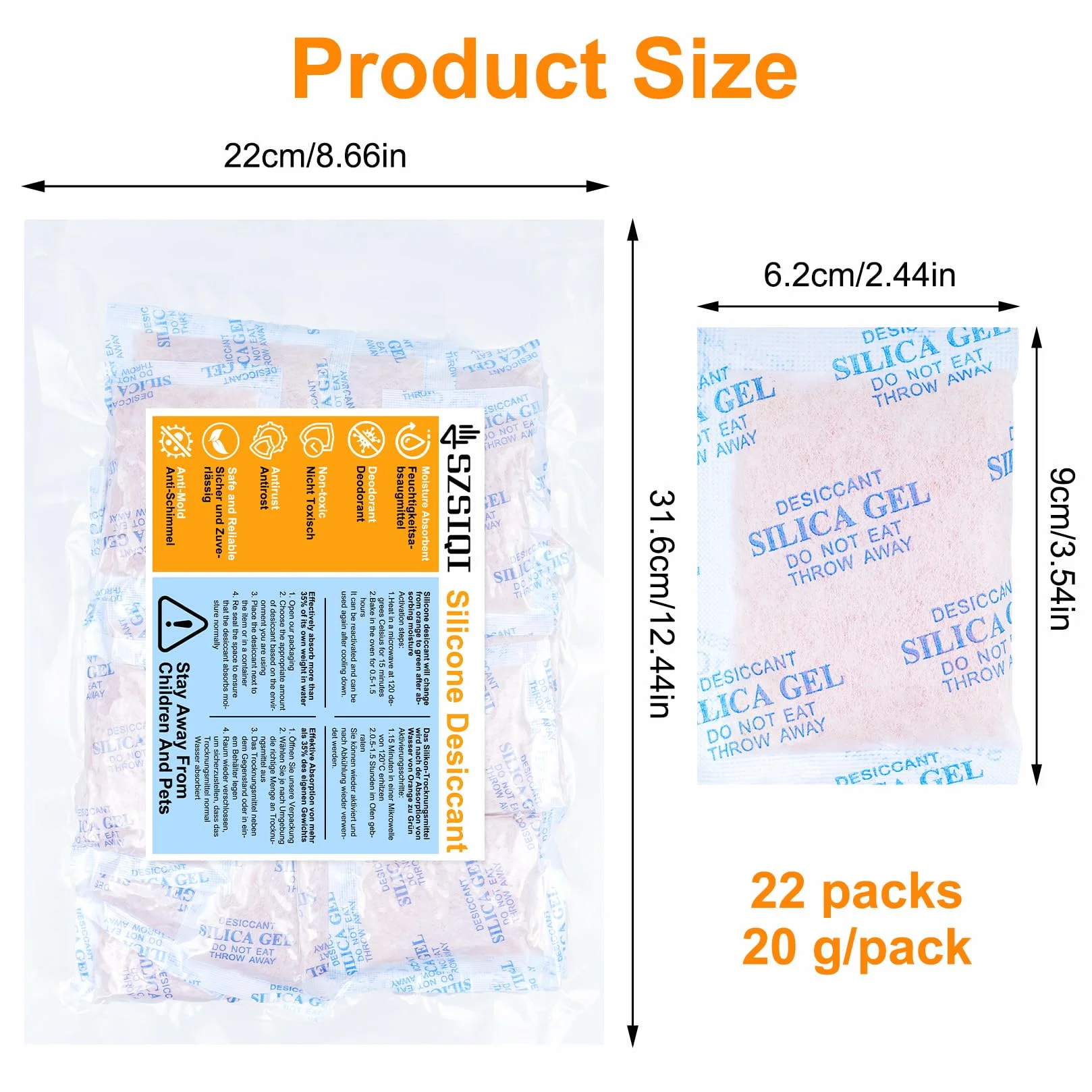 Worki z żelem krzemionkowym, 20 g x 22 sztuki, kulki krzemionkowe, worki na środek osuszający, wskaźnik wilgotności, środek osuszający, pomarańczowy do zielonego, do przechowywania ubrań, urządzeń (20