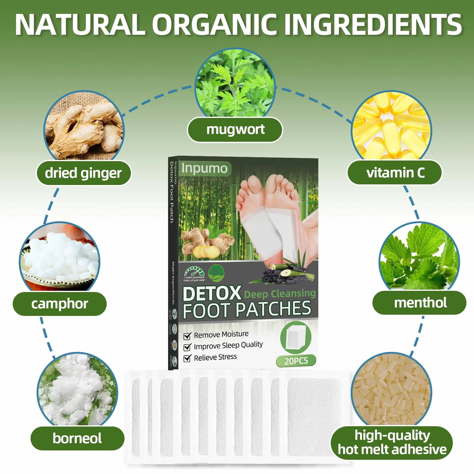 Plastry na stopy Detox, 20 szt. naturalnych składników, plastry na stopy do usuwania toksyn, głębokiego oczyszczania, łagodzenia stresu ciała, poprawy jakości snu, poprawy krążenia krwi