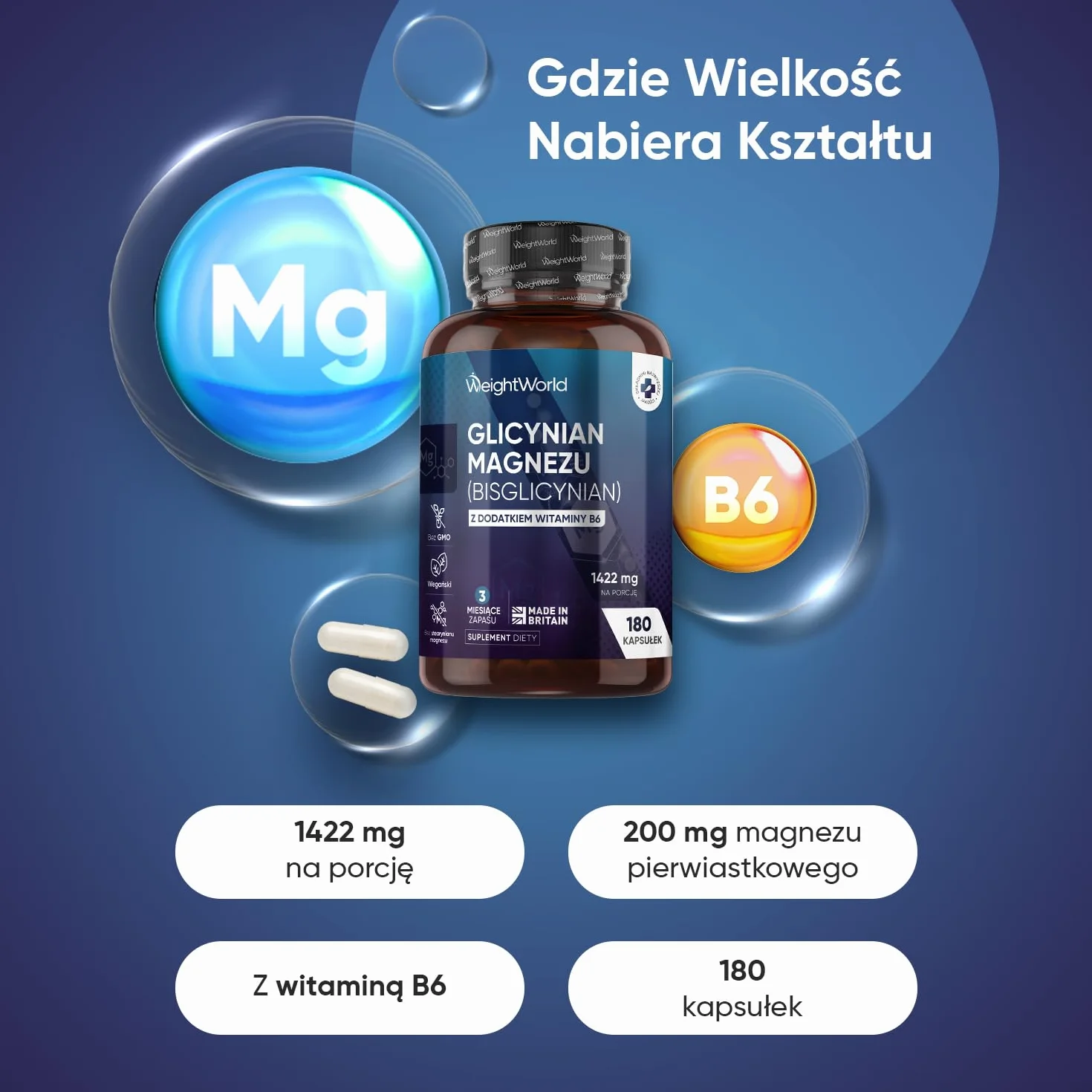Glicynian magnezu 1422 mg z witaminą B6 180 kapsułek wegańskich 200 mg magnezu bez GMO