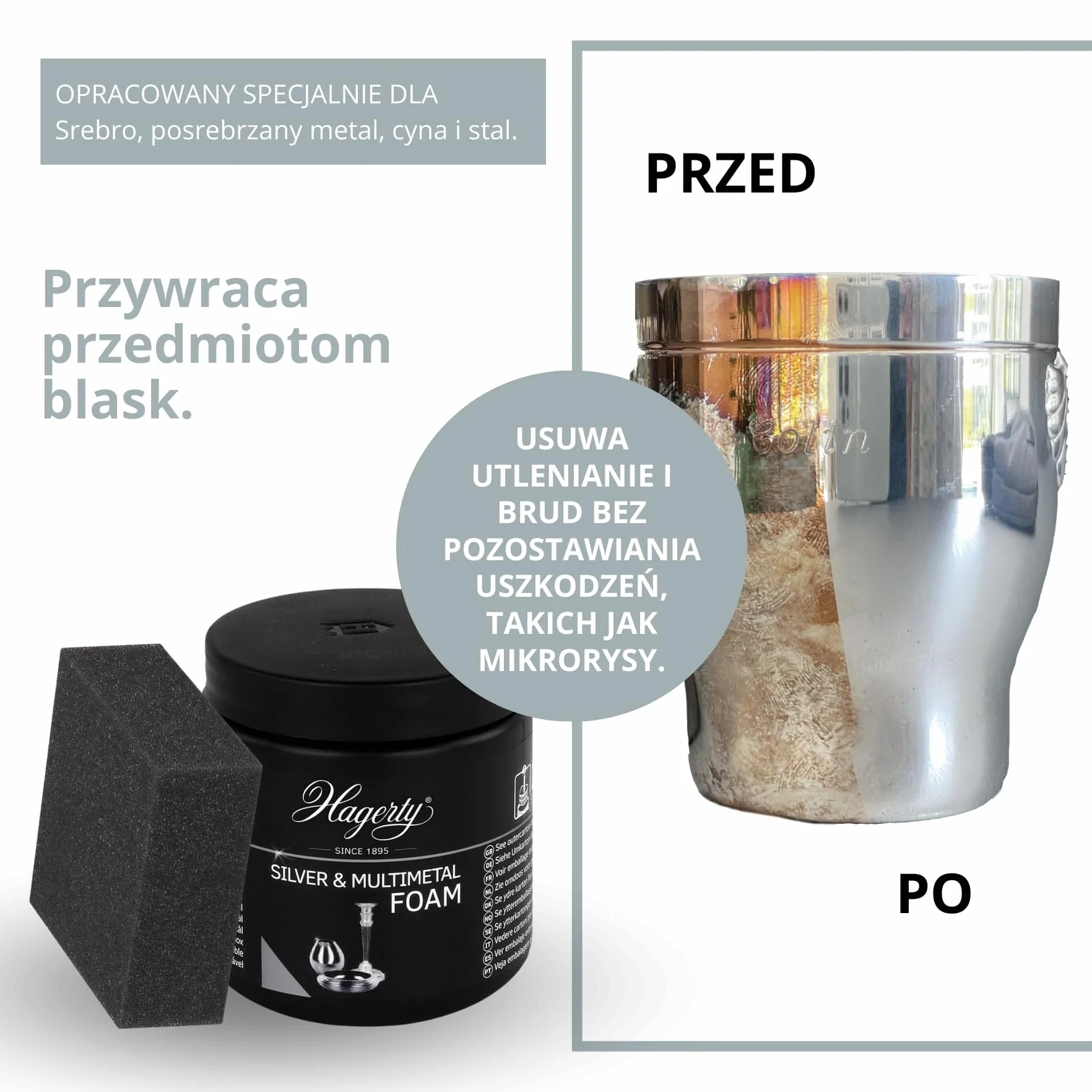 Hagerty Silver Foam Pianka do czyszczenia srebra 185g I Skuteczna pianka do pielęgnacji srebra posrebrzanego metalu cyny stali nierdzewnej chromowanej I Pasta do srebra przywracająca połysk I z gąbką