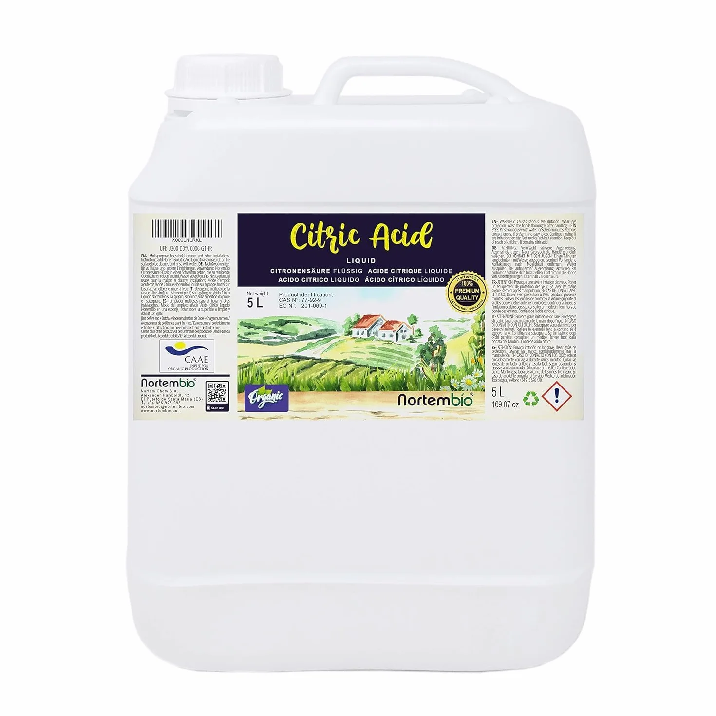 Nortembio Kwas Cytrynowy Ekologiczny 5 L. Bezwodny Płynny Koncentrat Kwasu Cytrynowego. 100% Pure Wejście. Uniwersalny Srodek Czyszczący. E-Book W Zestawie.E-Book W Zestawie.