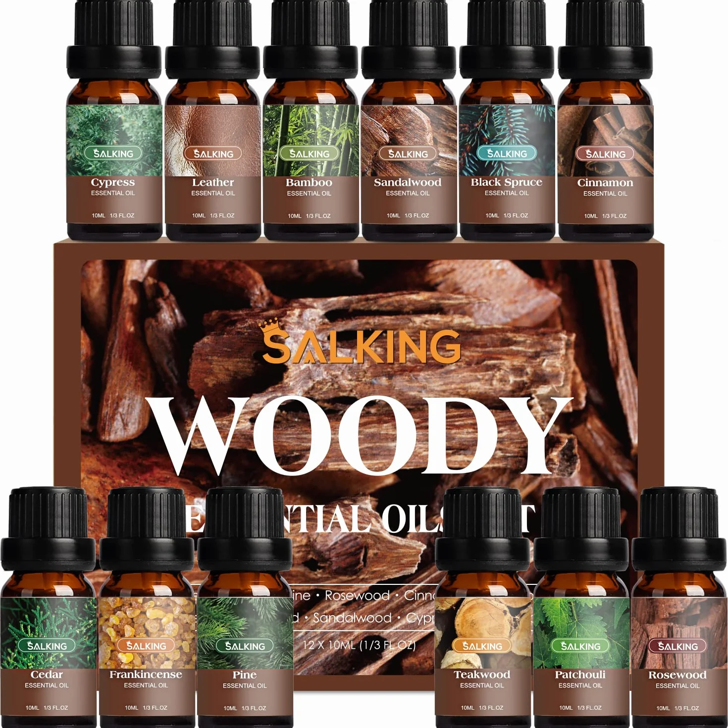 SALKING Woody Olejki eteryczne do dyfuzorów 12 x 10 ml - Frankincense, Teak, Sandal, Cyprys, Cedr, Paczula, skóra, bambus, sosna, sekwoja, cynamon, czerwony świerk, czarny