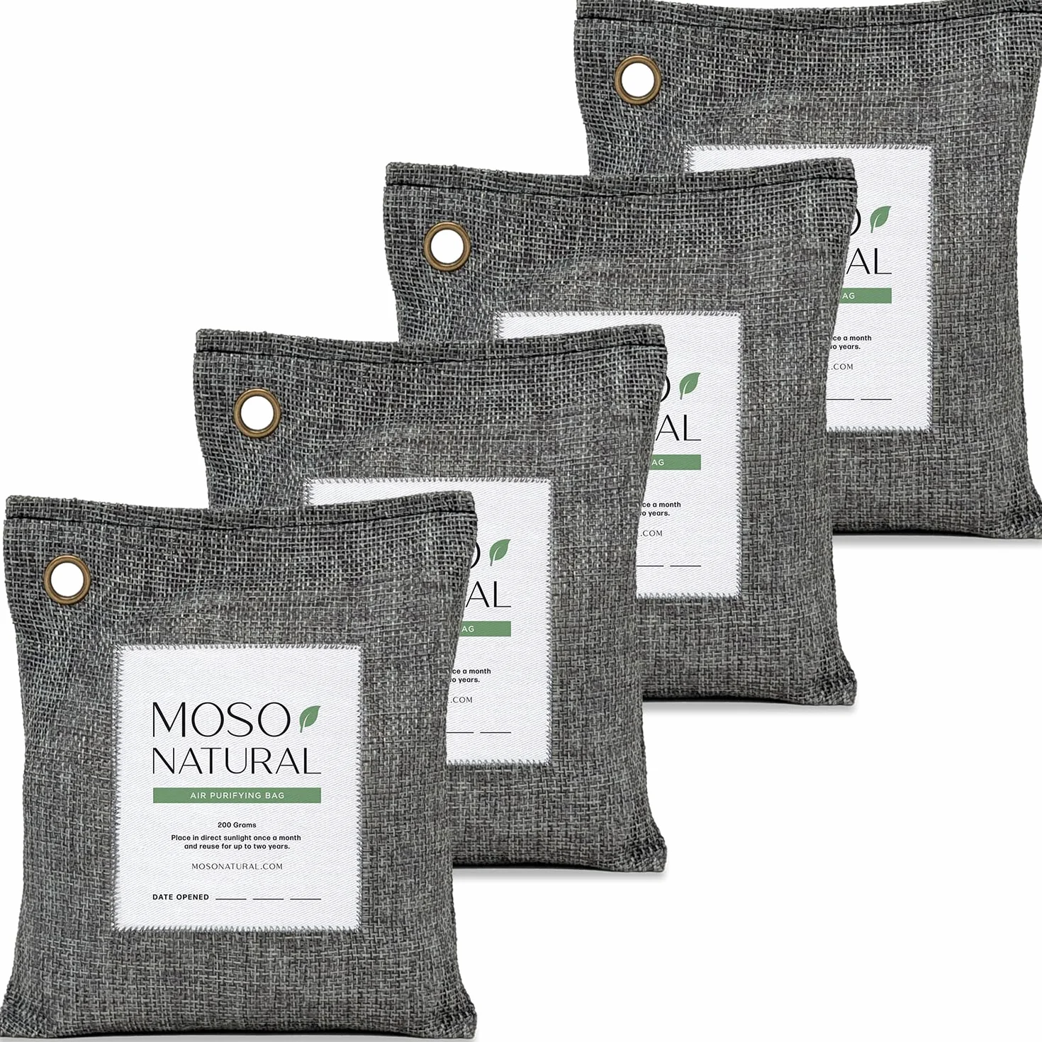 MOSO NATURAL: Oryginalna torba do oczyszczania powietrza. do samochodów, szaf, łazienek, miejsc dla zwierząt. Bezzapachowy, eliminator zapachów bez chemii. 200 g, 4 sztuki (węgiel drzewny)
