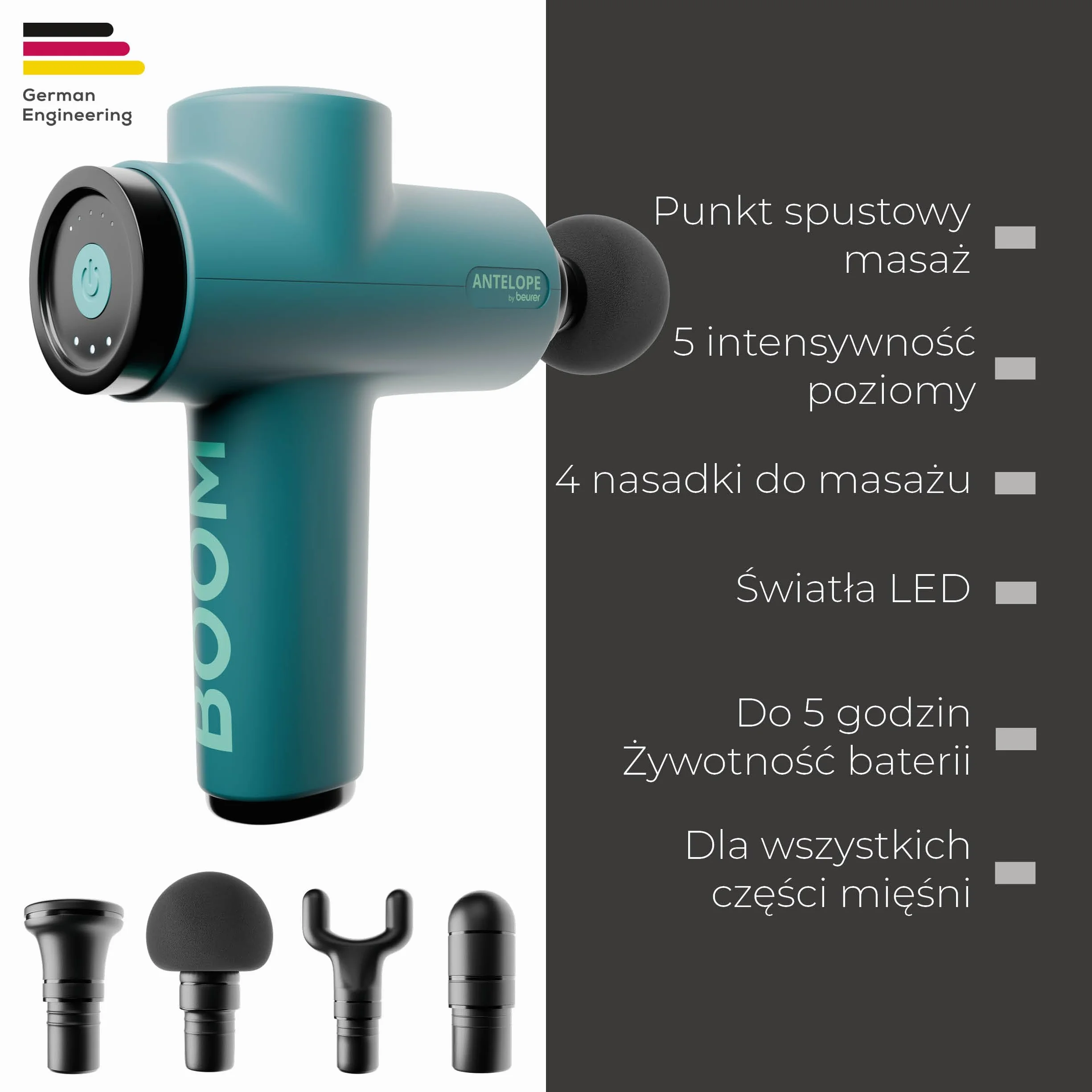 Beurer Pistolet do Masażu AMG 98 BOOM, Kompaktowy z 4 Nasadkami, 5 Poziomami Intensywności, Akumulator