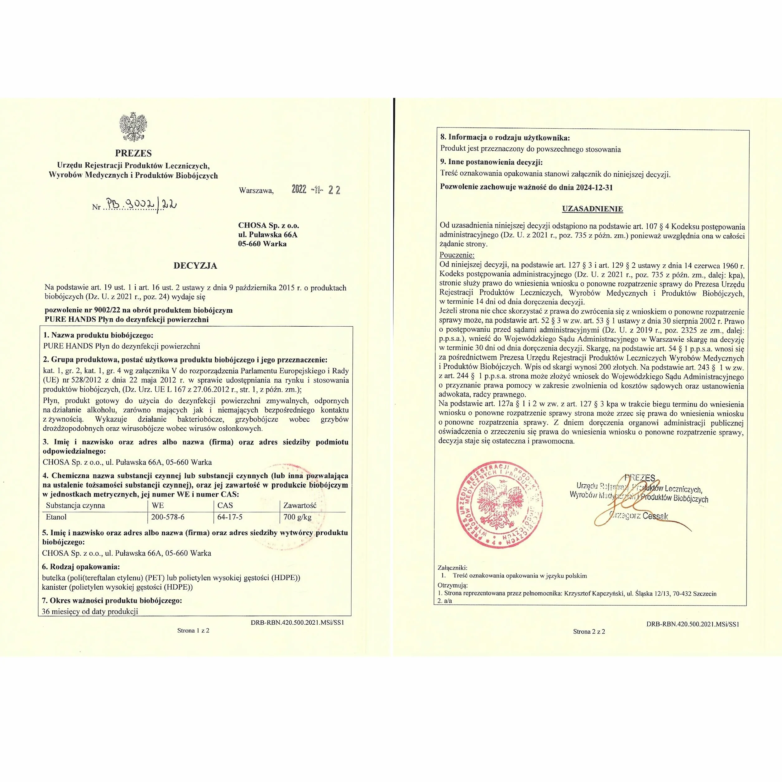 PURE CHEMICAL Płyn Do Dezynfekcji Powierzchni Pure Hands 70% (1litr)