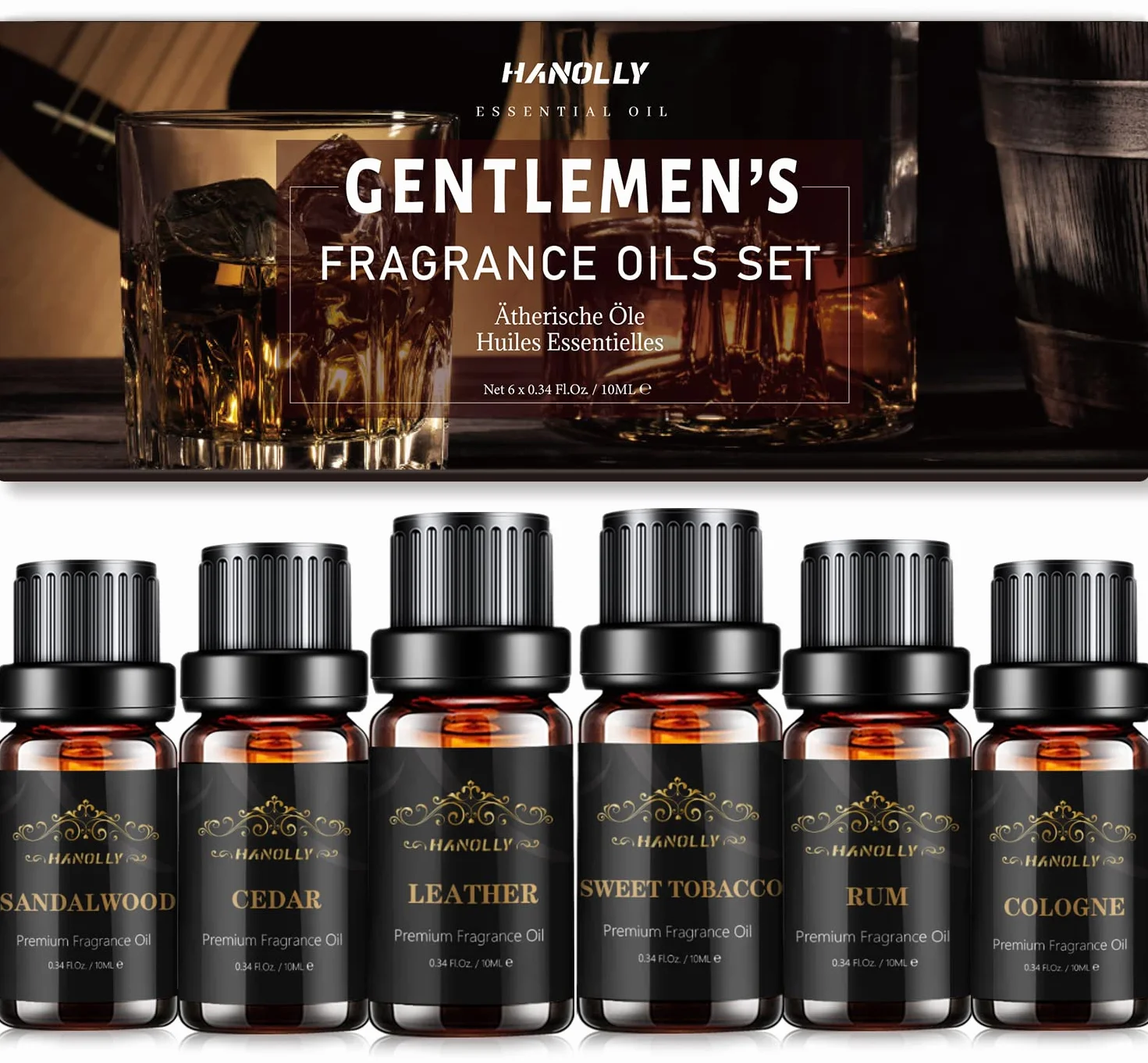 Hanolly Zestaw Olejków Eterycznych Dla Mężczyzn 6 x 10ml, Olejki Do Dyfuzorów Zapachowych Do Aromaterapii, Perfum I Wyrobu Świec – Drzewo Sandałowe, Cedr, Skóra, Słodki Tytoń, Rum, Woda Kolońska