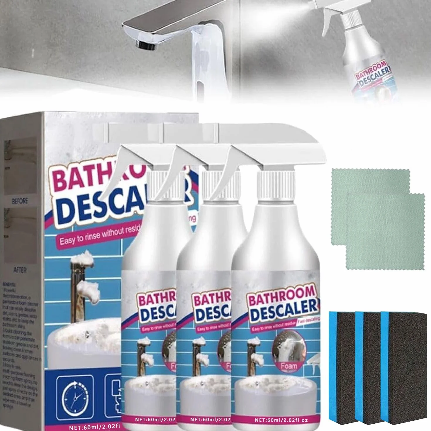 3 sztuki pianek do kąpieli, 60 ml, Stubborn Stains Cleaner, środek do czyszczenia piany, silny środek do czyszczenia deskali, uniwersalny środek do czyszczenia bąbelków, 3 niebieskie gąbki