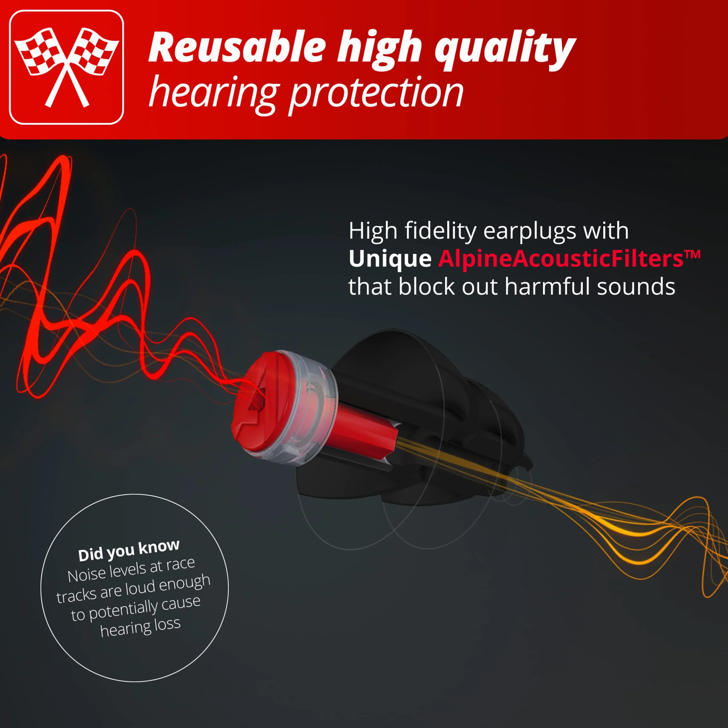 Alpine F1® zatyczki do uszu – ochrona słuchu wielokrotnego użytku na imprezy wyścigowe i hałaśliwe – redukcja 22 dB – certyfikat CE i UKCA – ultra miękkie filtry komfortowe