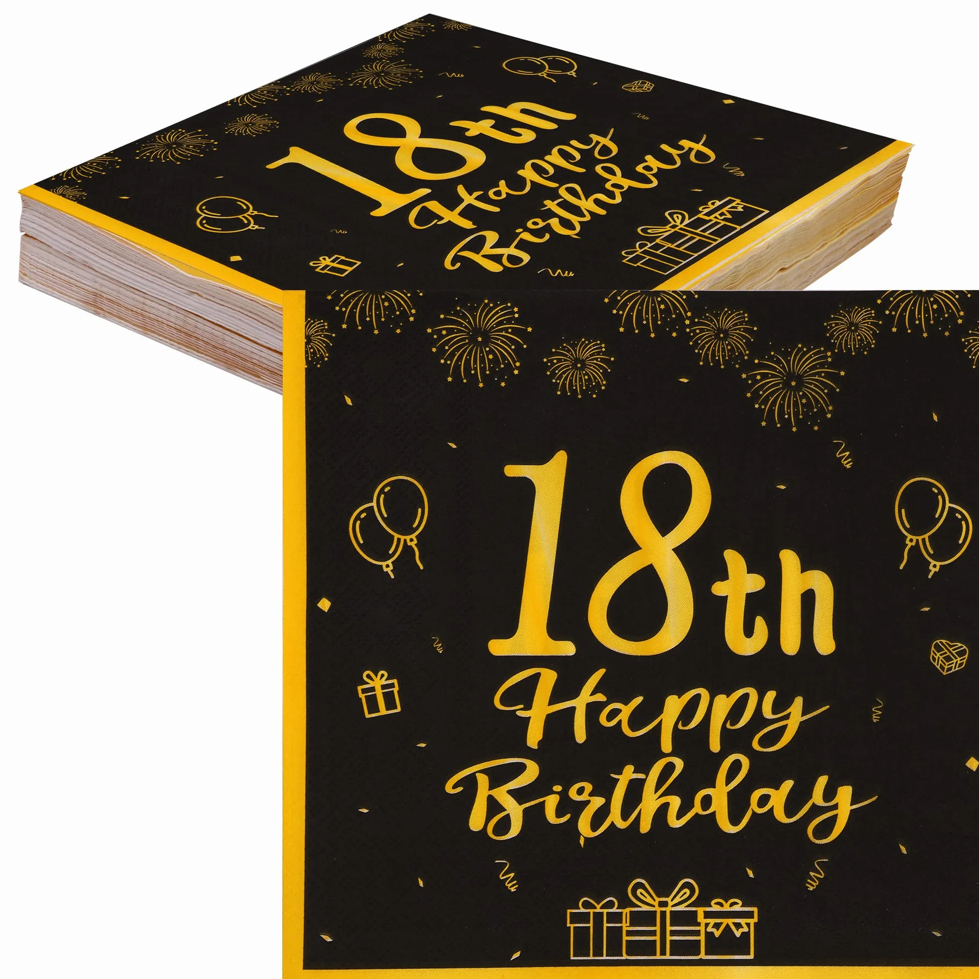 TOPWAYS 18 serwetki dekoracyjne urodzinowe, czarno-złote papierowe serwetki imprezowe, dekoracja stołu na 18. urodziny chłopców dziewczynek, serwetki Happy Birthday Decorations, 40 sztuk (18 urodziny)